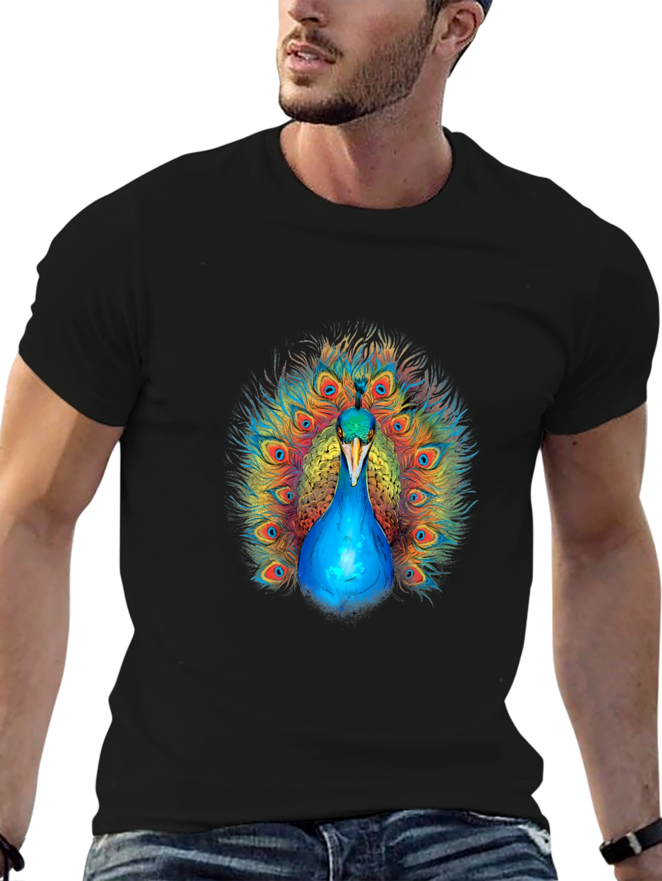 Peacock Graphic Print Black T-Shirt