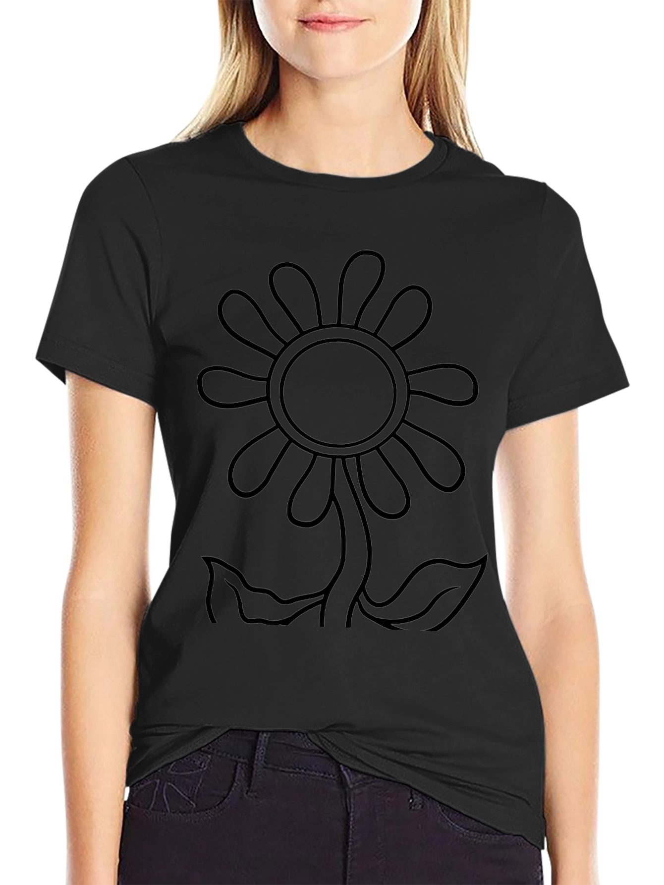 Black Flower Outline Graphic T-Shirt