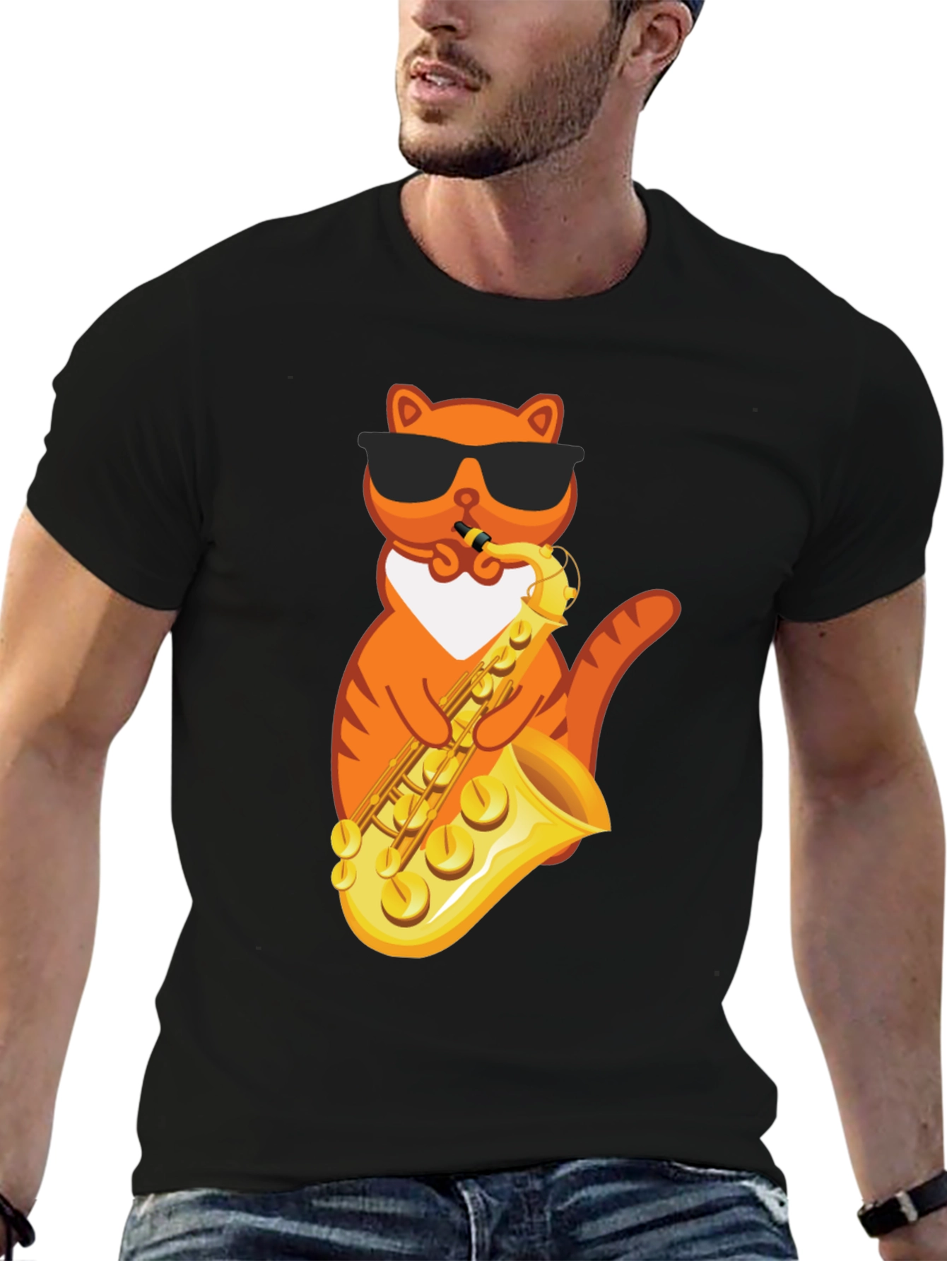 Cool Cat Saxophone Graphic Tee - Black