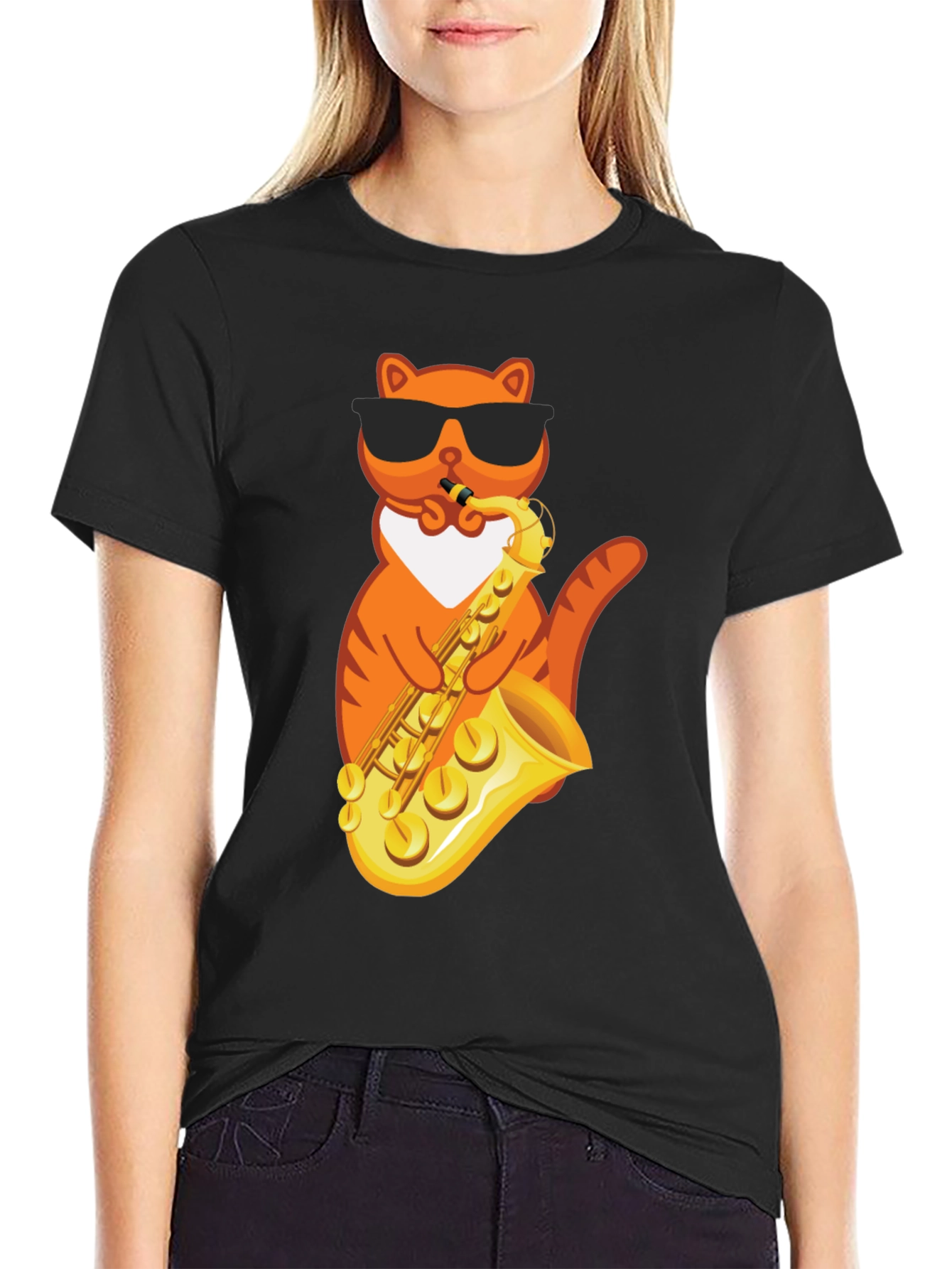 Cool Cat Saxophone Graphic Tee - Black