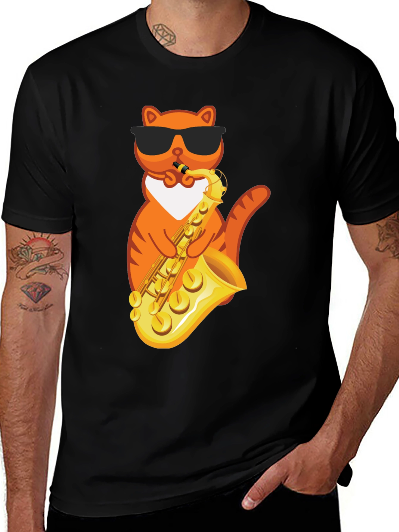 Cool Cat Saxophone Graphic Tee - Black