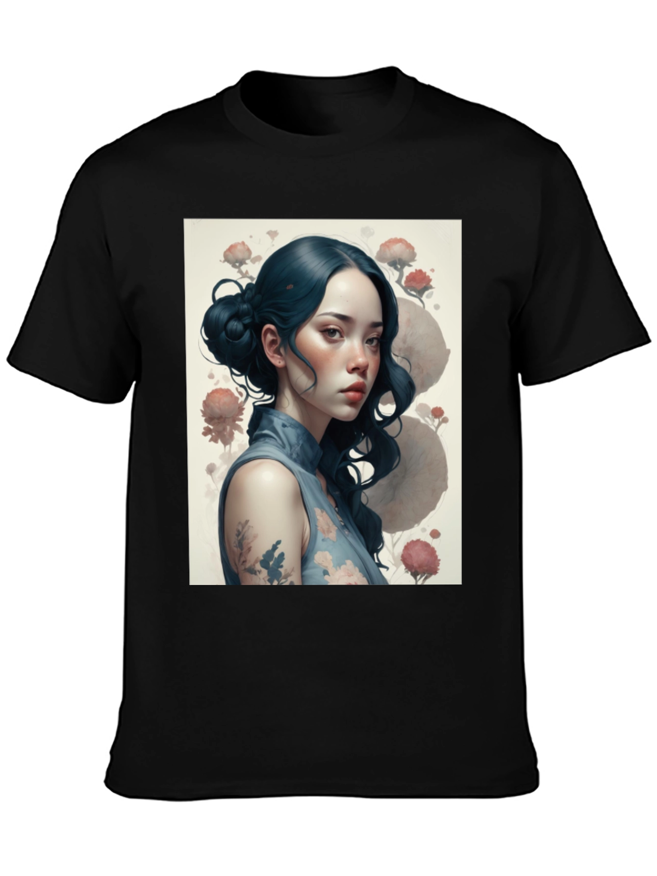 Artistic Asian Girl Graphic Black T-Shirt