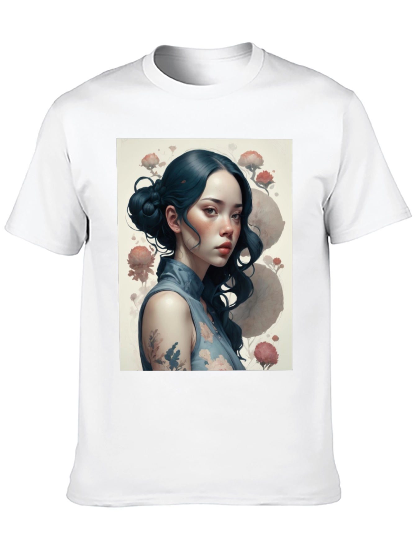 Artistic Asian Girl Graphic Black T-Shirt