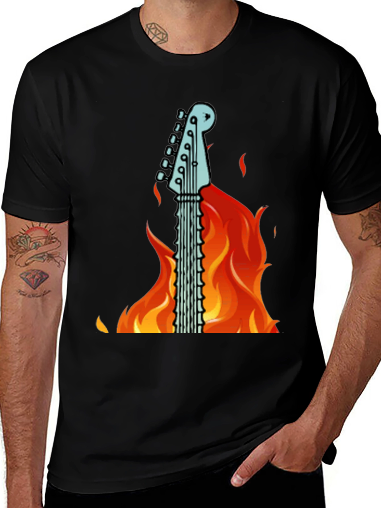 Flaming Guitar Graphic T-Shirt - Rock On!