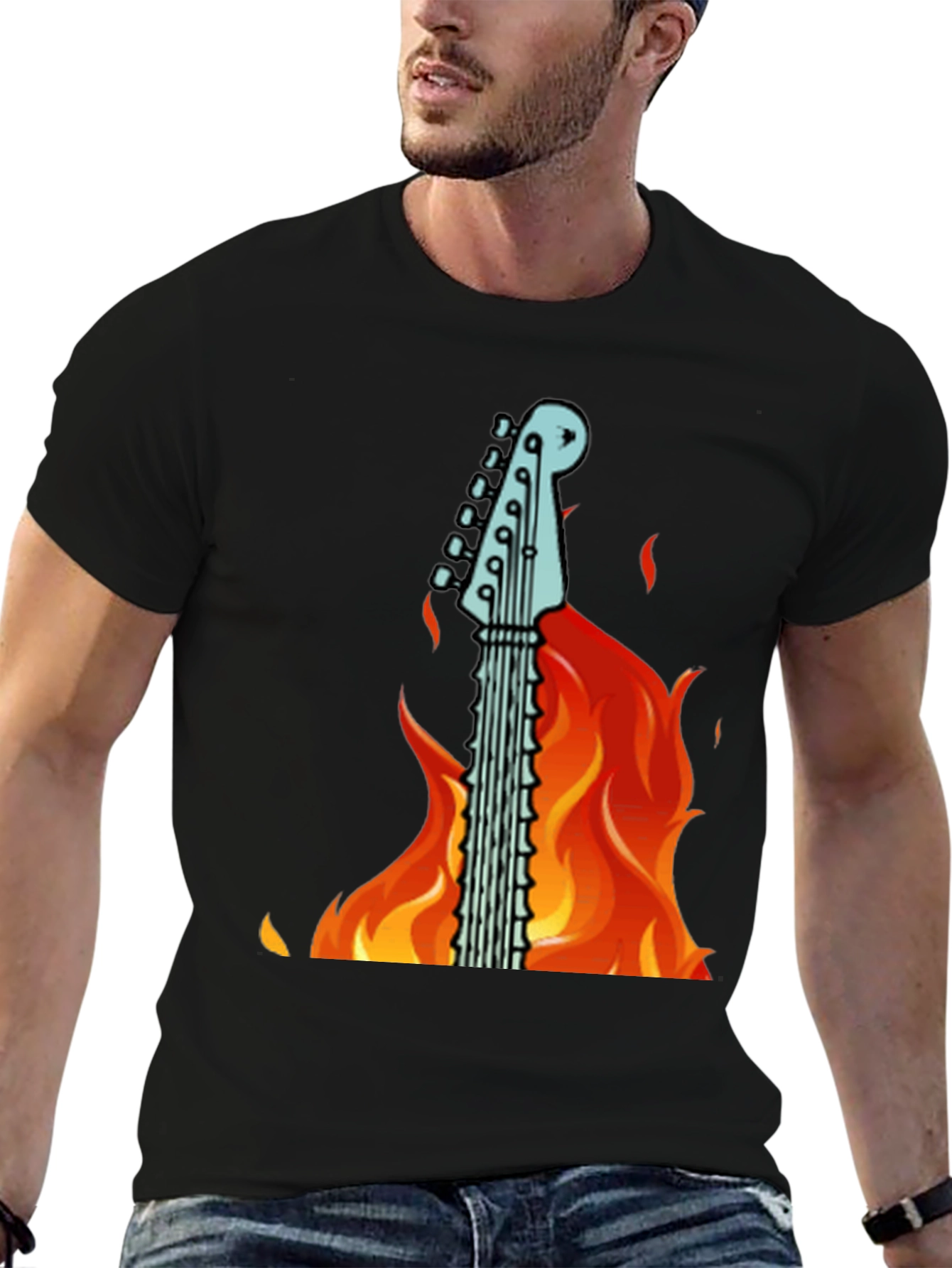 Flaming Guitar Graphic T-Shirt - Rock On!