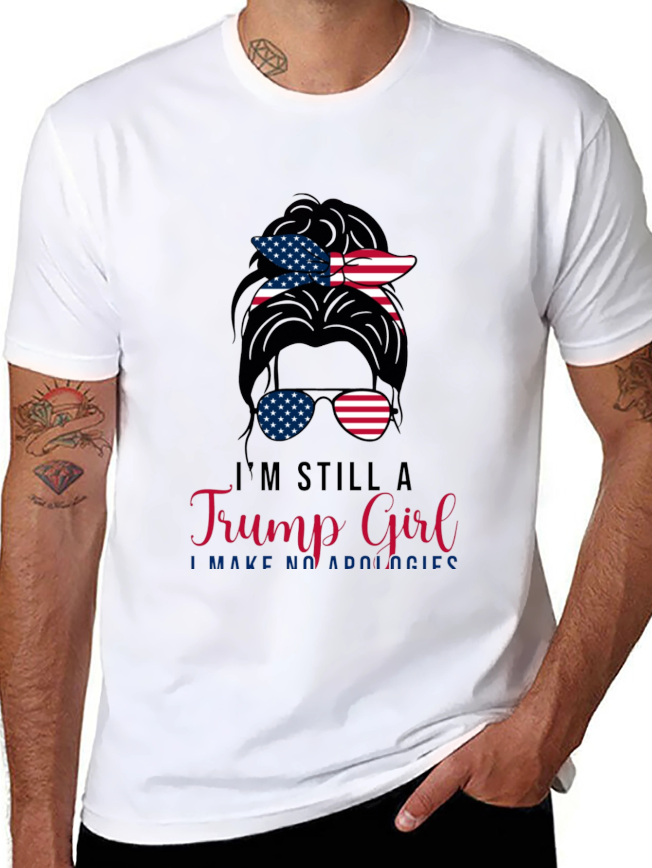 Trump Girl Messy Bun T-Shirt Patriotic USA Flag