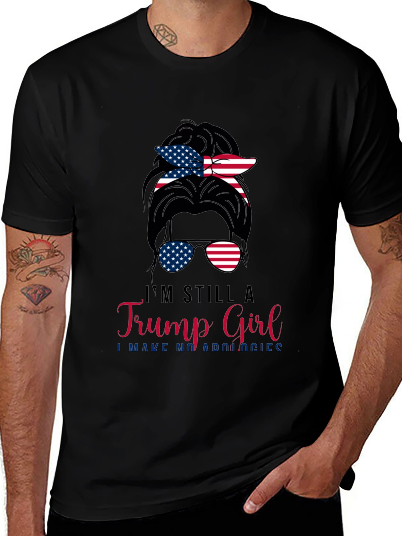 Trump Girl Messy Bun T-Shirt Patriotic USA Flag