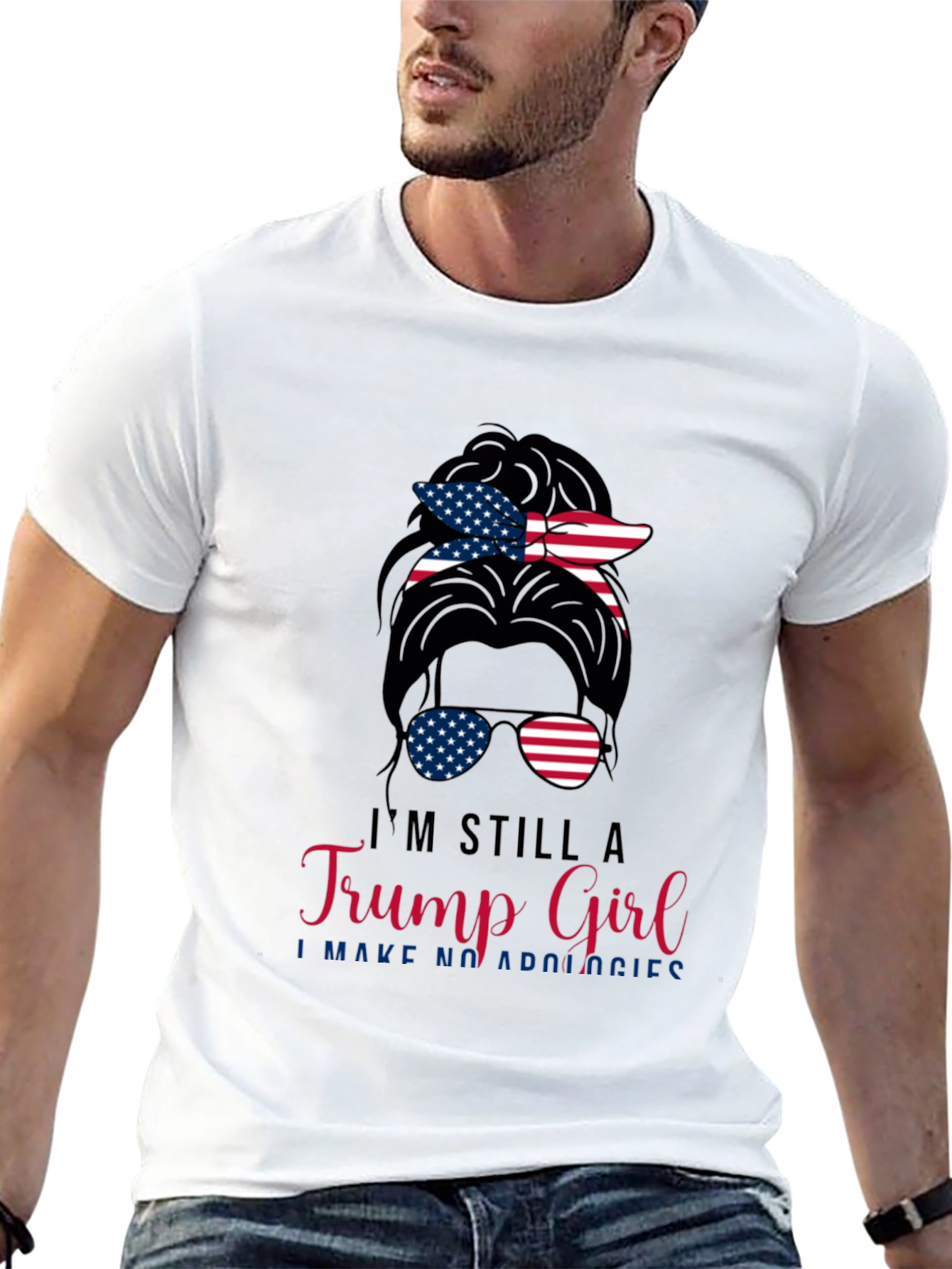 Trump Girl Messy Bun T-Shirt Patriotic USA Flag