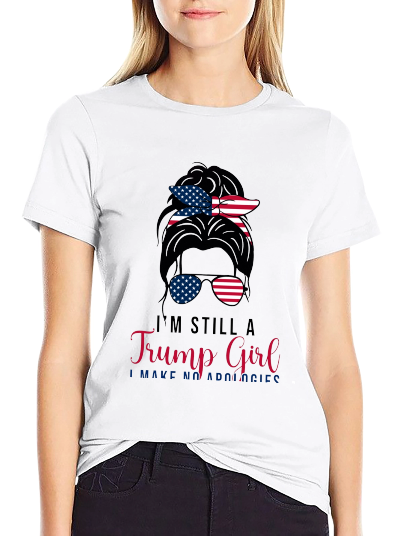 Trump Girl Messy Bun T-Shirt Patriotic USA Flag