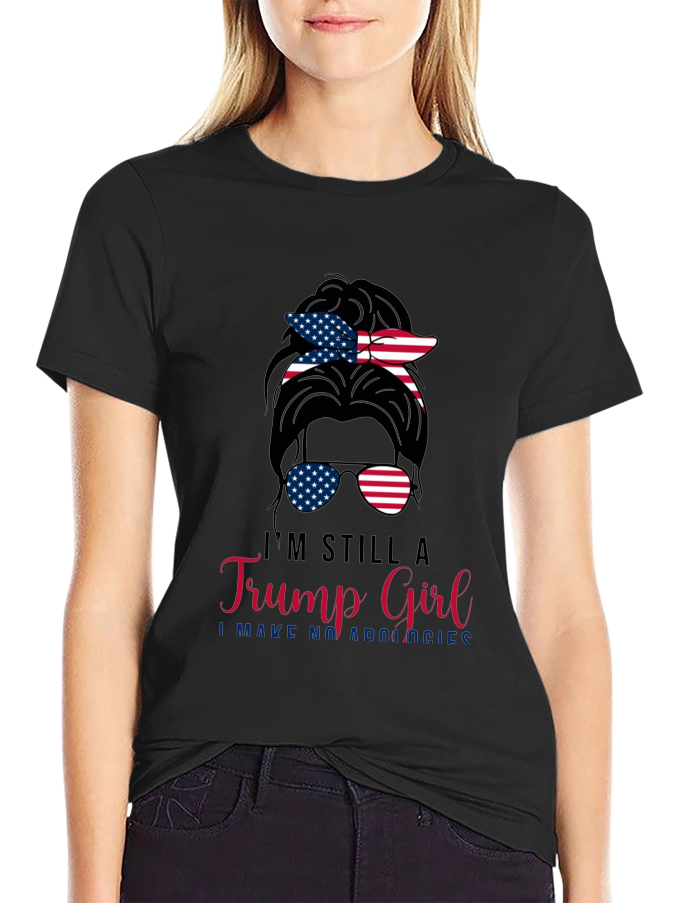 Trump Girl Messy Bun T-Shirt Patriotic USA Flag