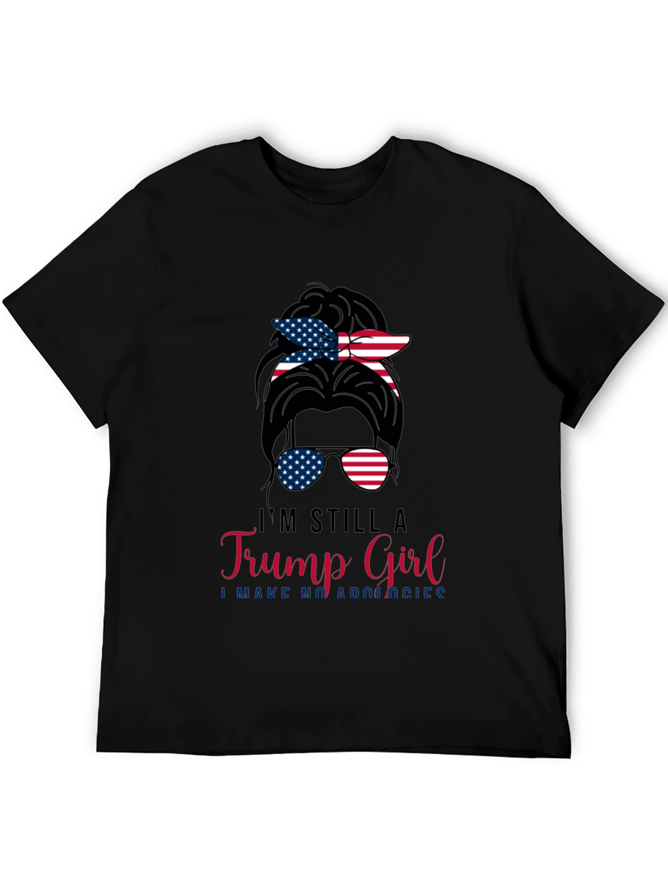 Trump Girl Messy Bun T-Shirt Patriotic USA Flag