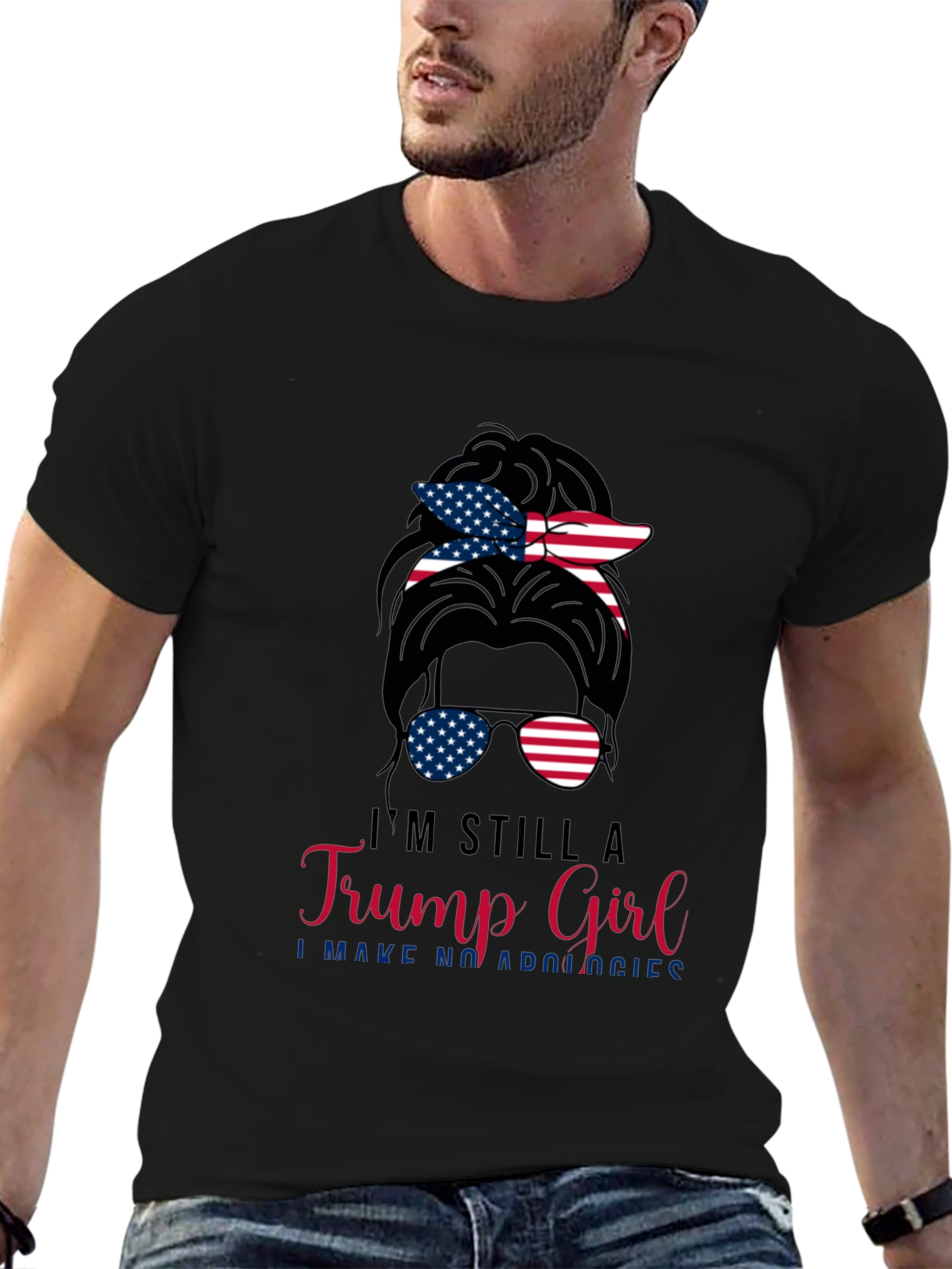 Trump Girl Messy Bun T-Shirt Patriotic USA Flag