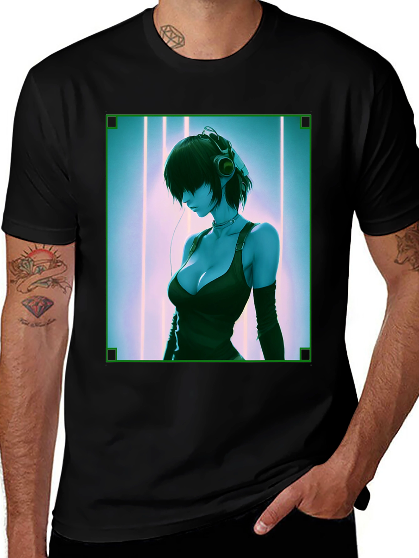 Anime Girl Graphic Tee - Black Cotton Blend T-Shirt
