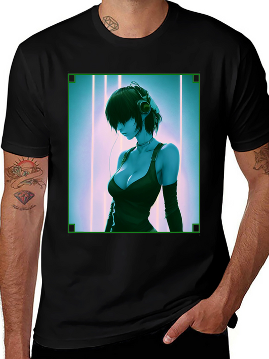 Anime Girl Graphic Tee - Black Cotton Blend T-Shirt