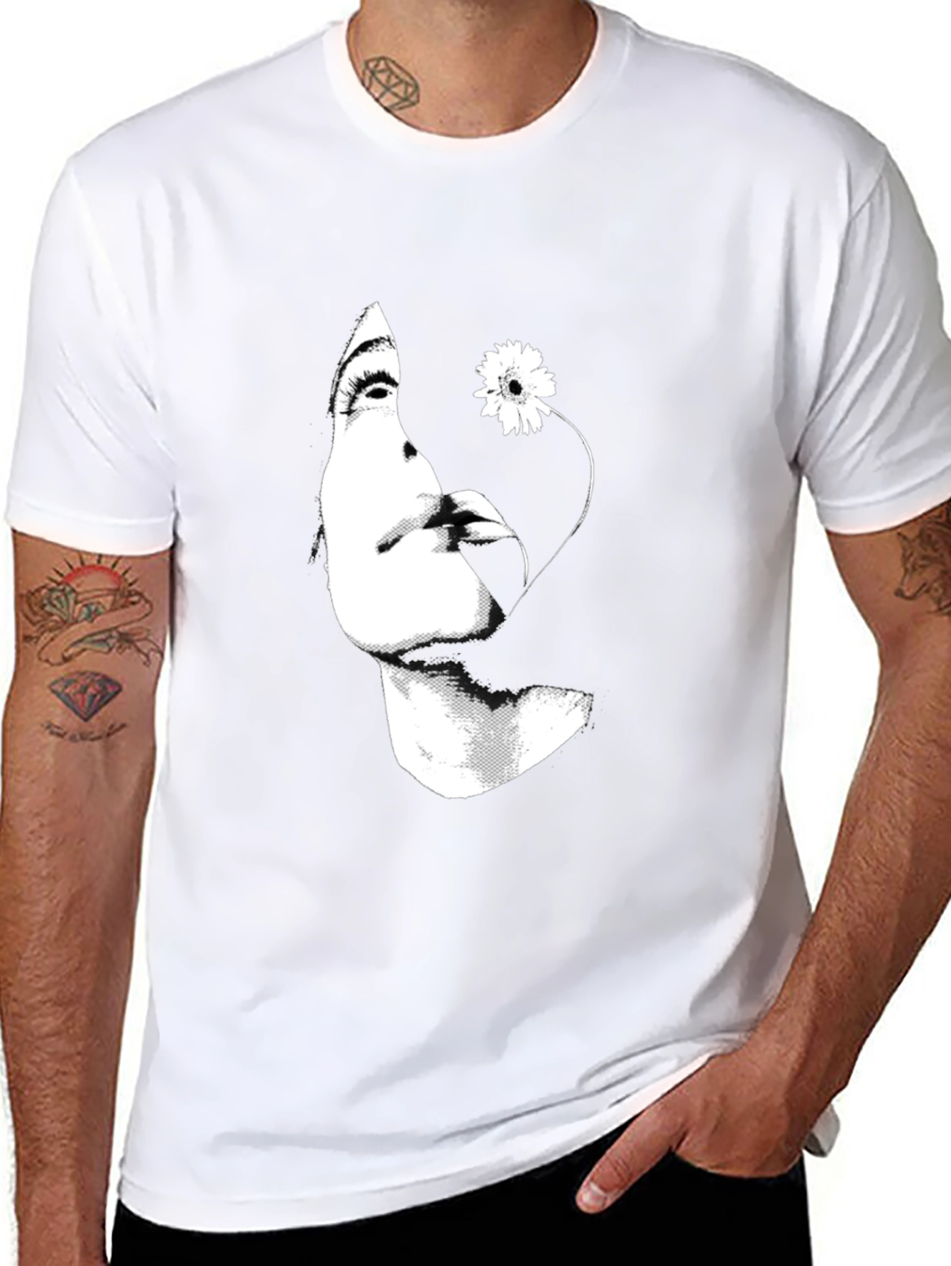 Woman with Flower Graphic Black T-Shirt