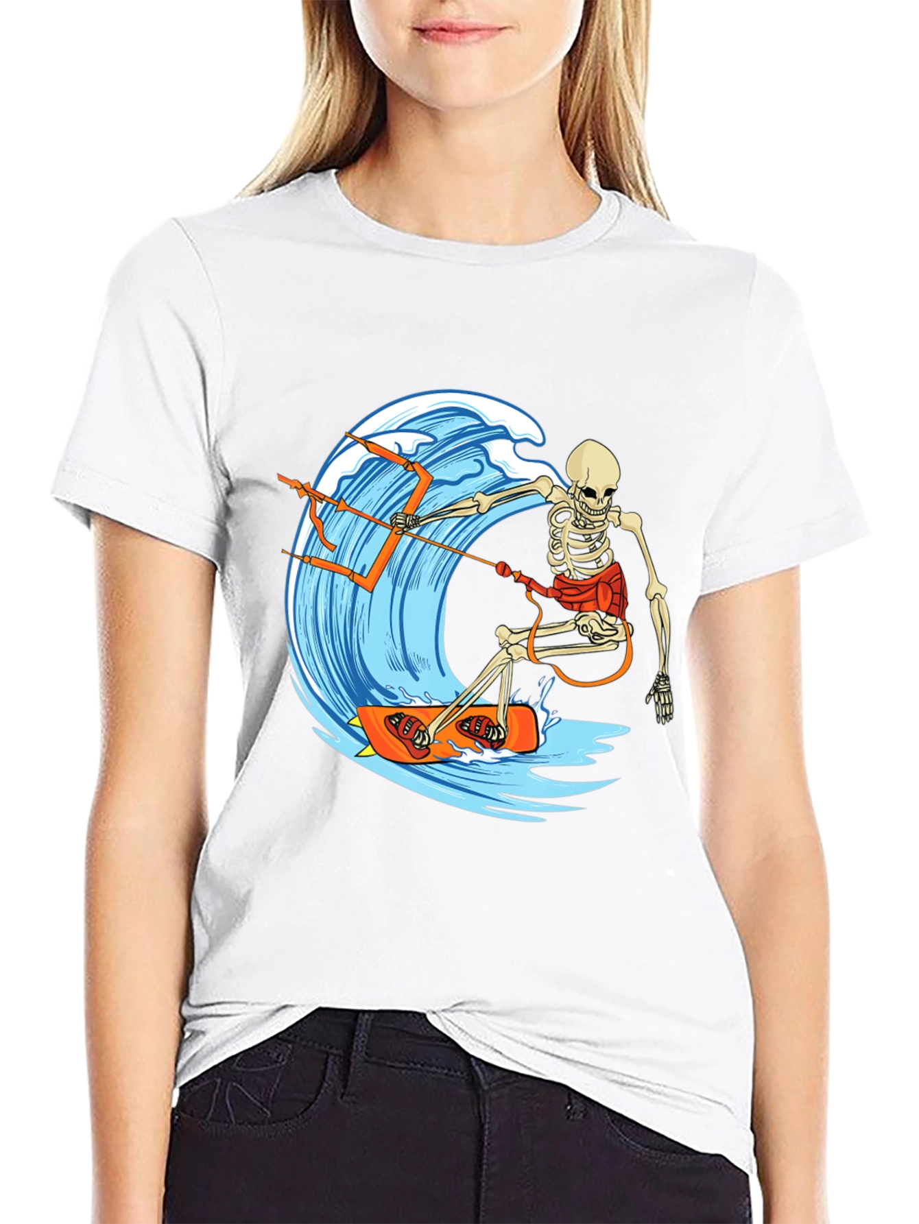 Skeleton Surfing Wave Graphic Tee