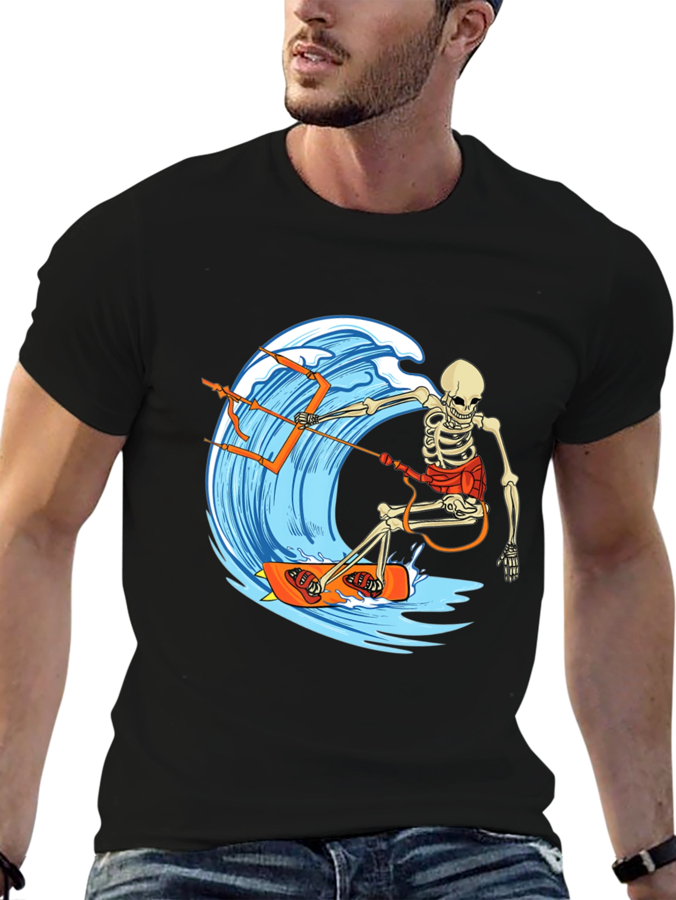Skeleton Surfing Wave Graphic Tee