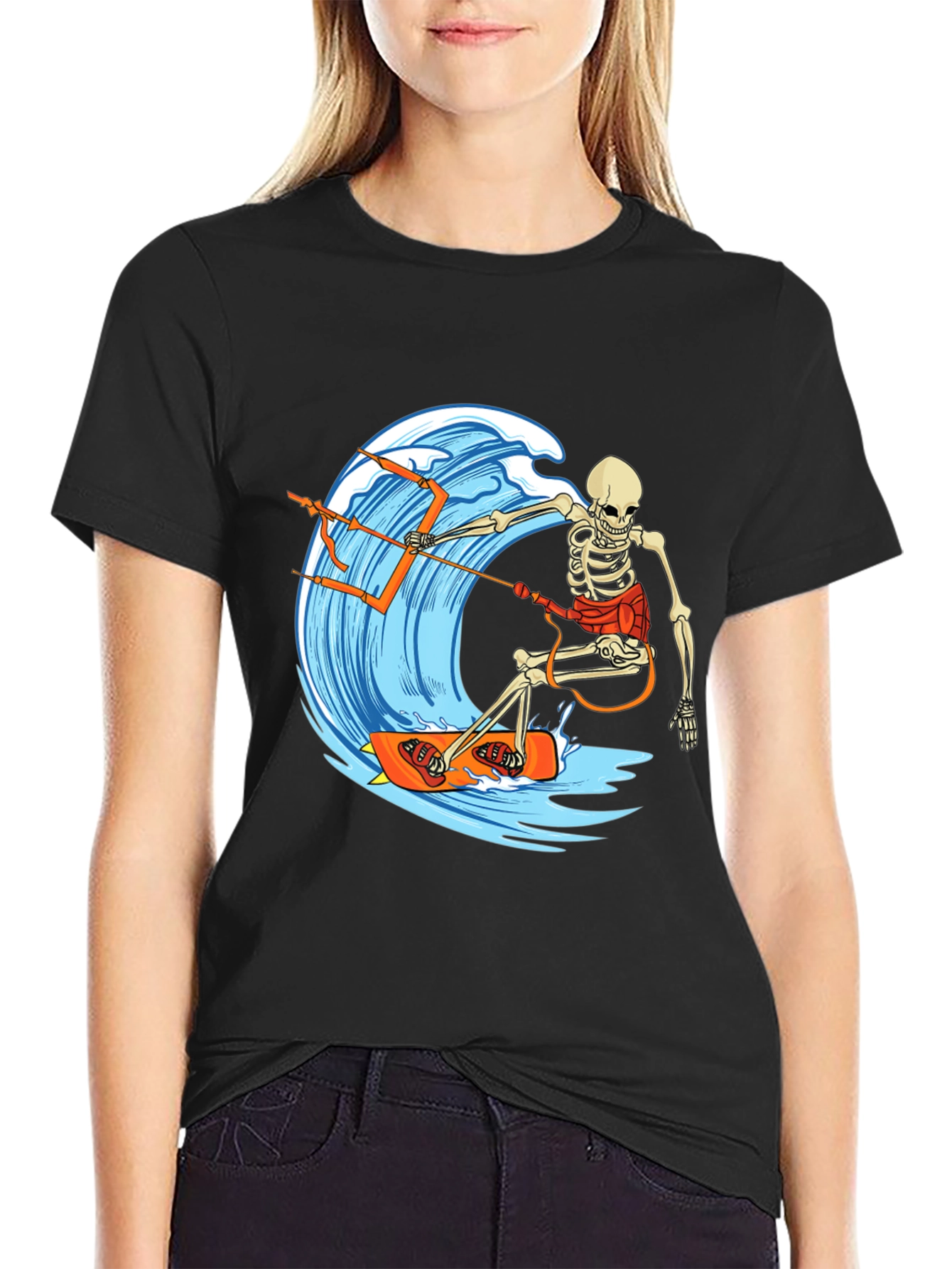 Skeleton Surfing Wave Graphic Tee