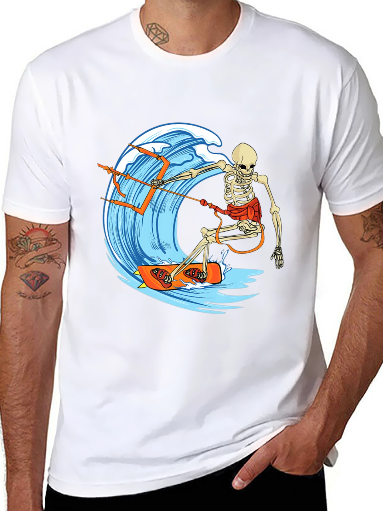 Skeleton Surfing Wave Graphic Tee