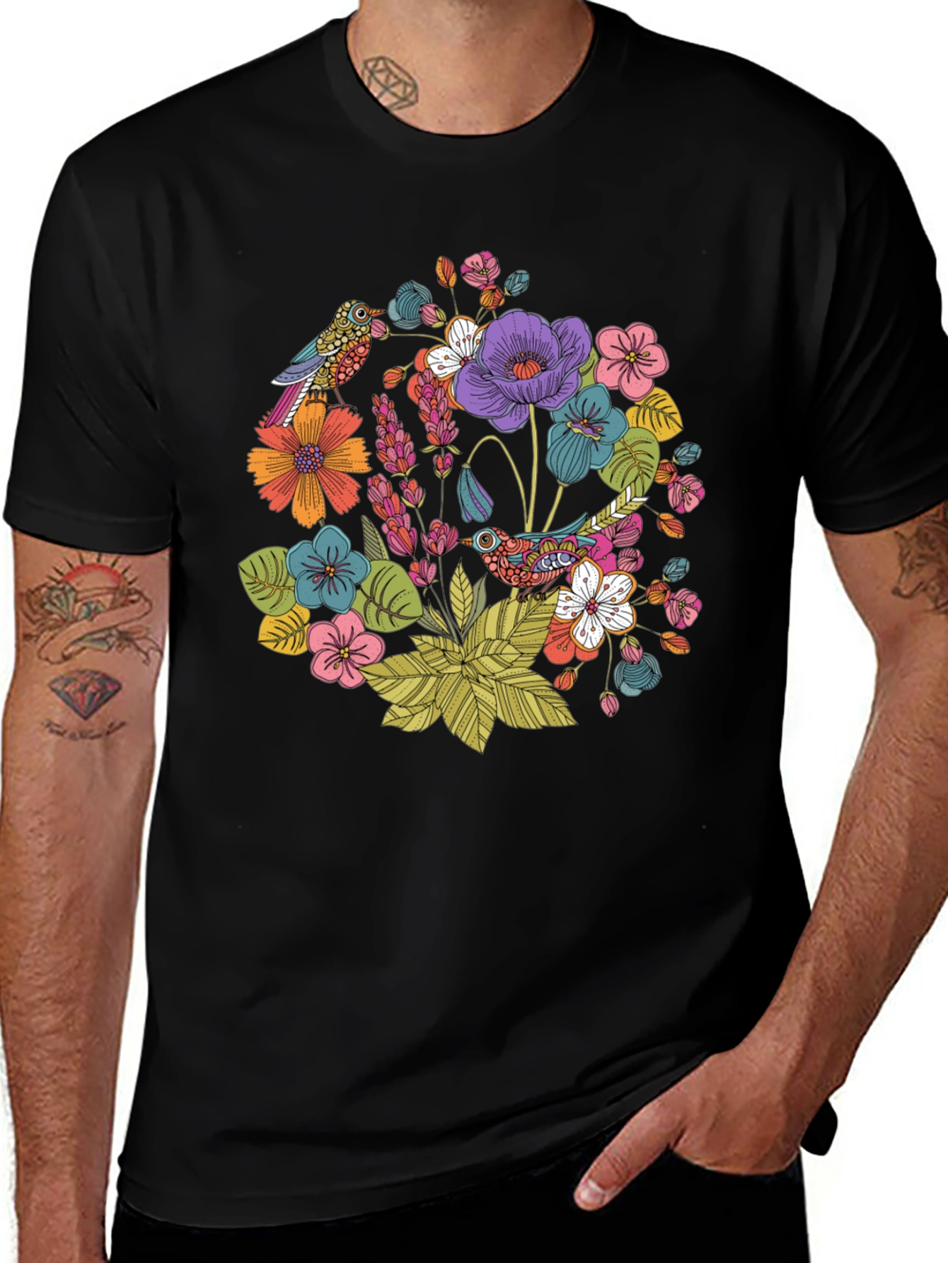 Floral Birds Black T-Shirt - Nature Inspired Design
