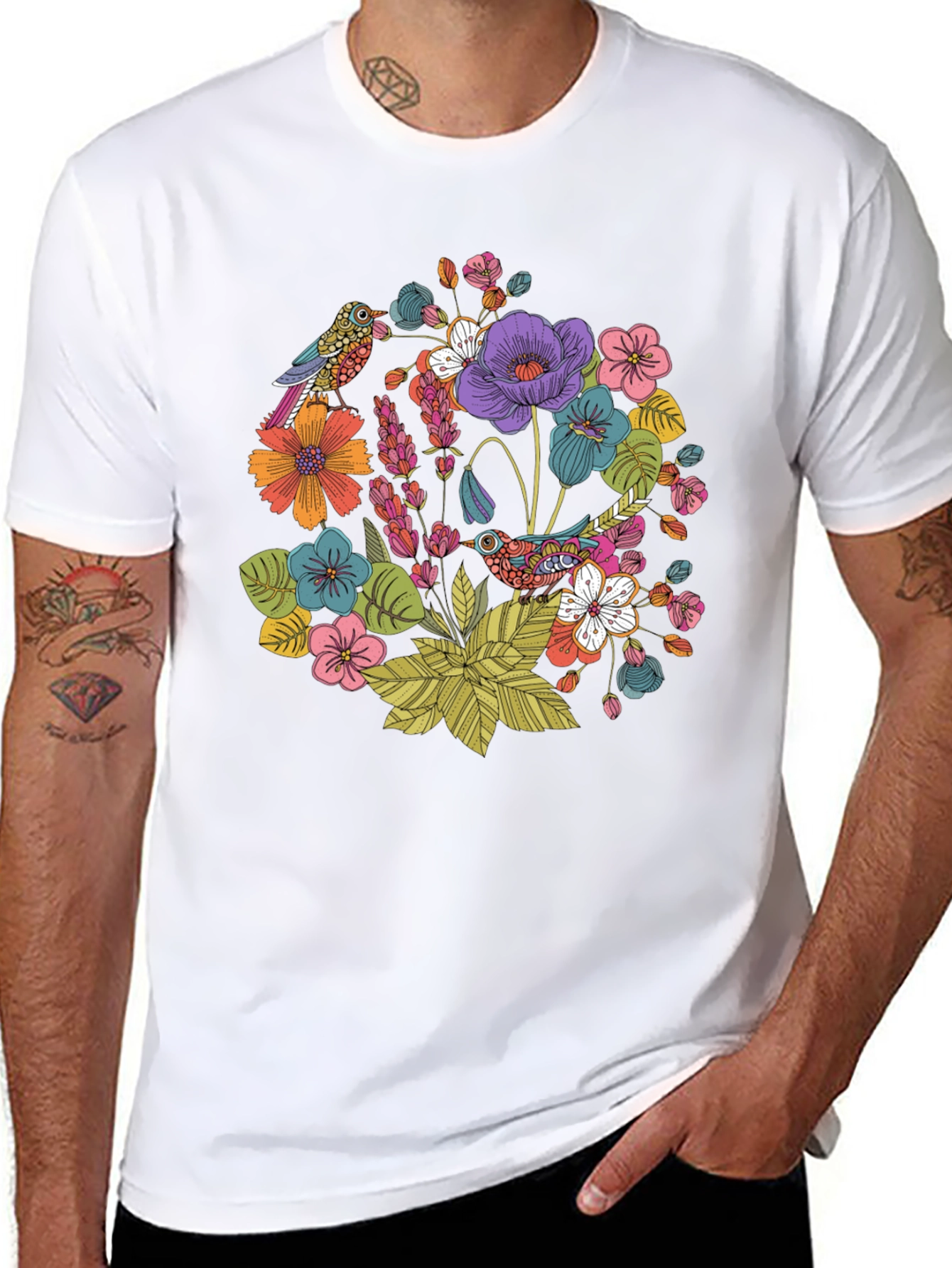Floral Birds Black T-Shirt - Nature Inspired Design