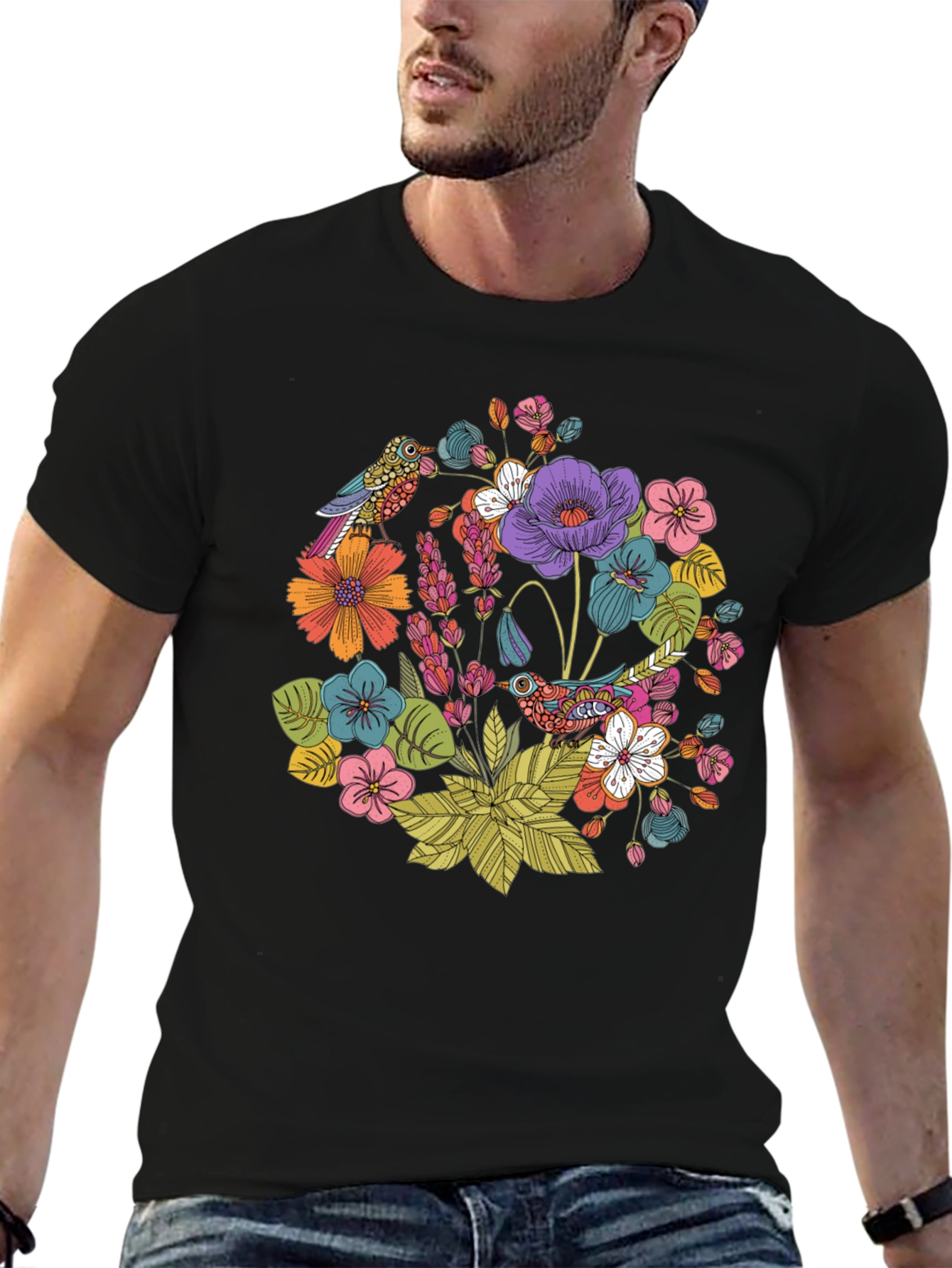 Floral Birds Black T-Shirt - Nature Inspired Design