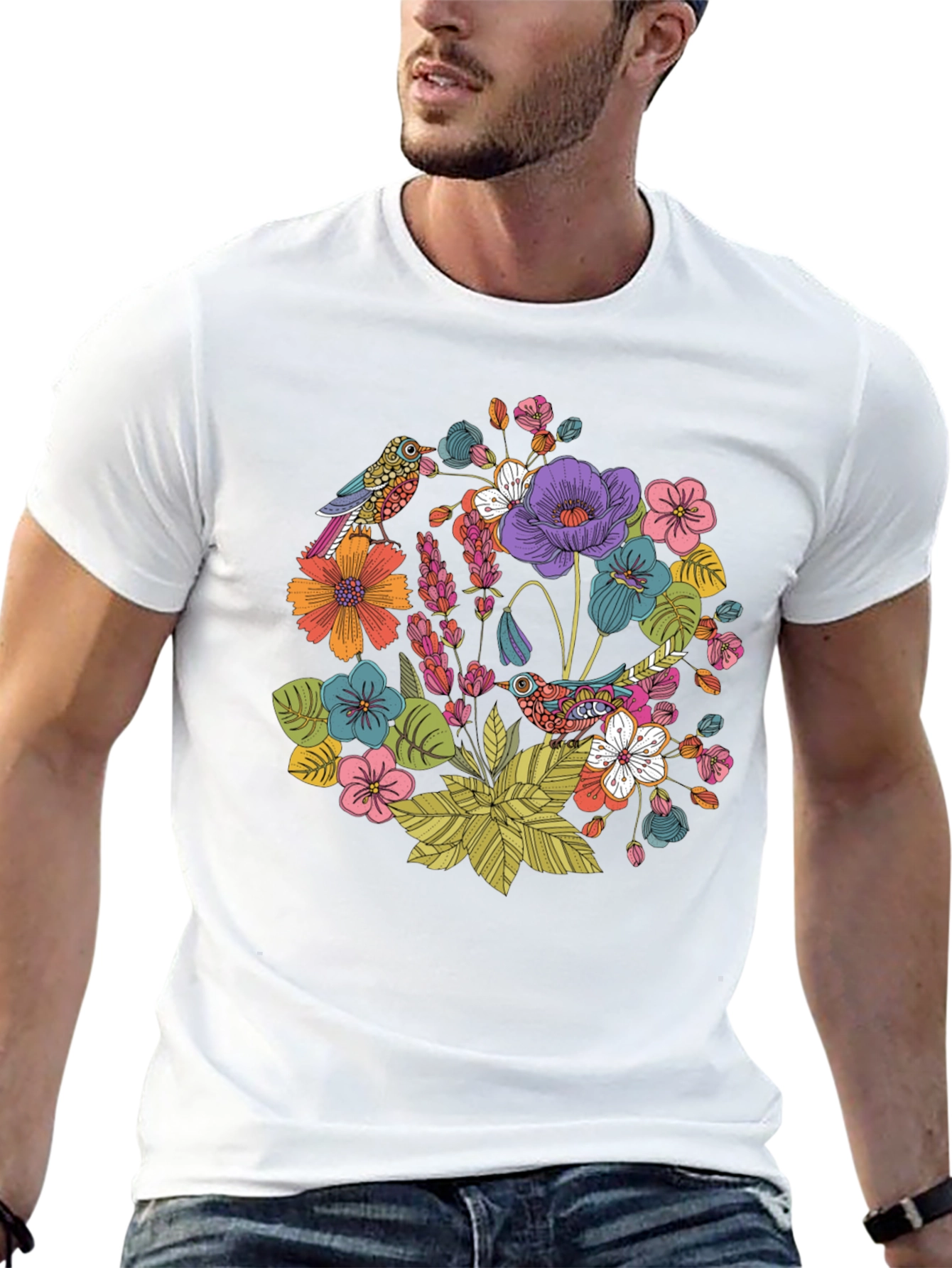 Floral Birds Black T-Shirt - Nature Inspired Design