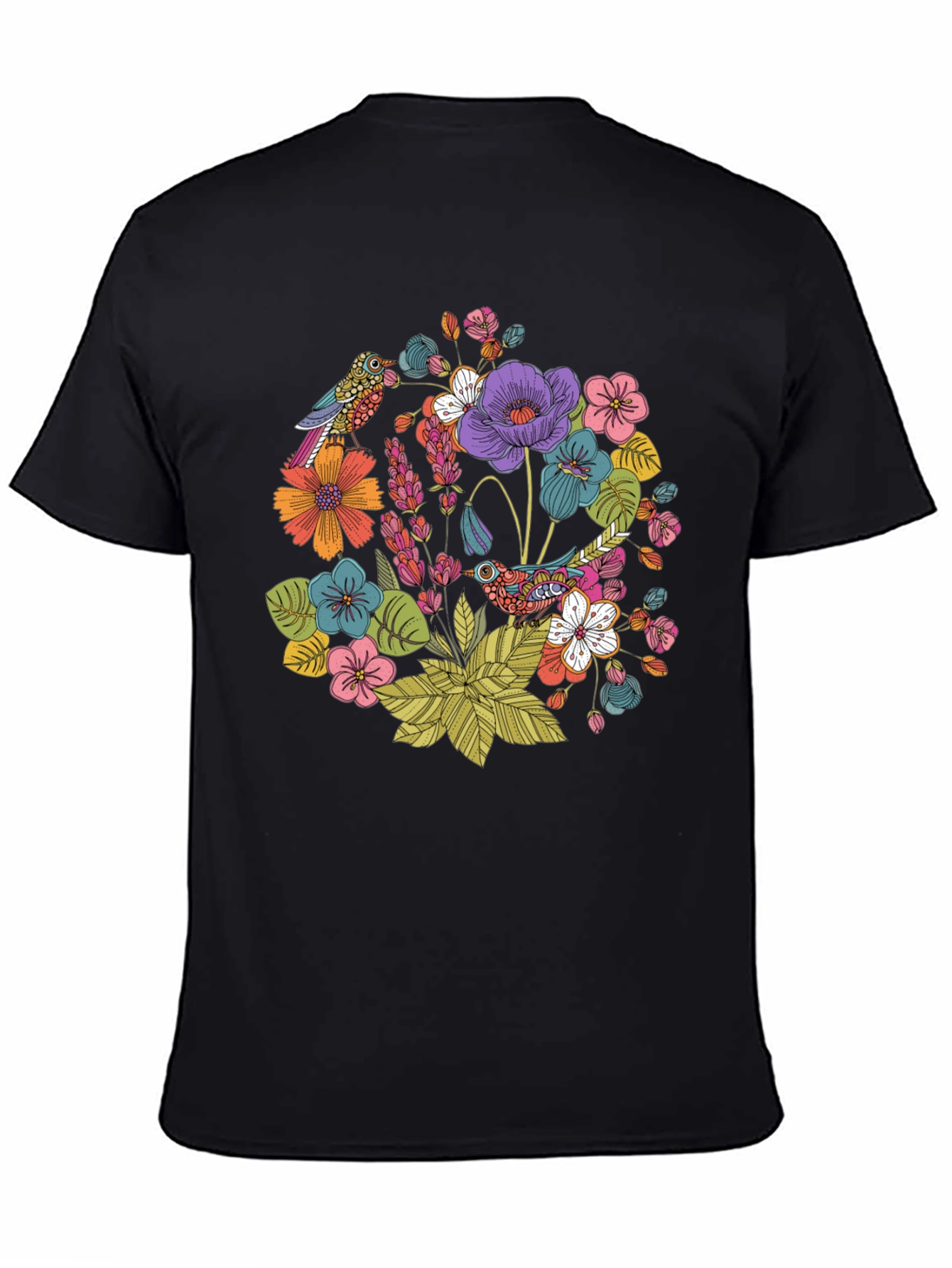 Floral Birds Black T-Shirt - Nature Inspired Design