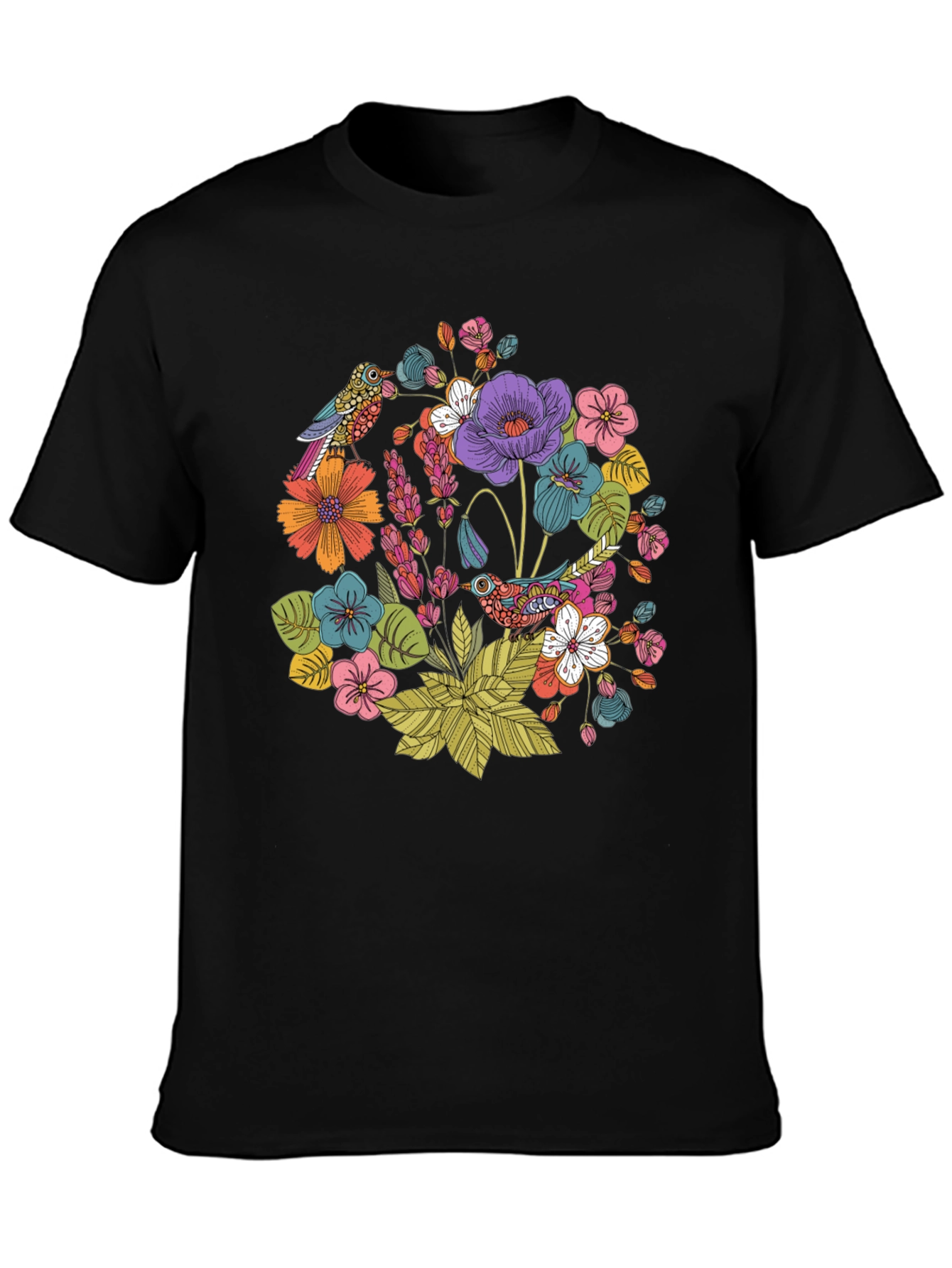 Floral Birds Black T-Shirt - Nature Inspired Design