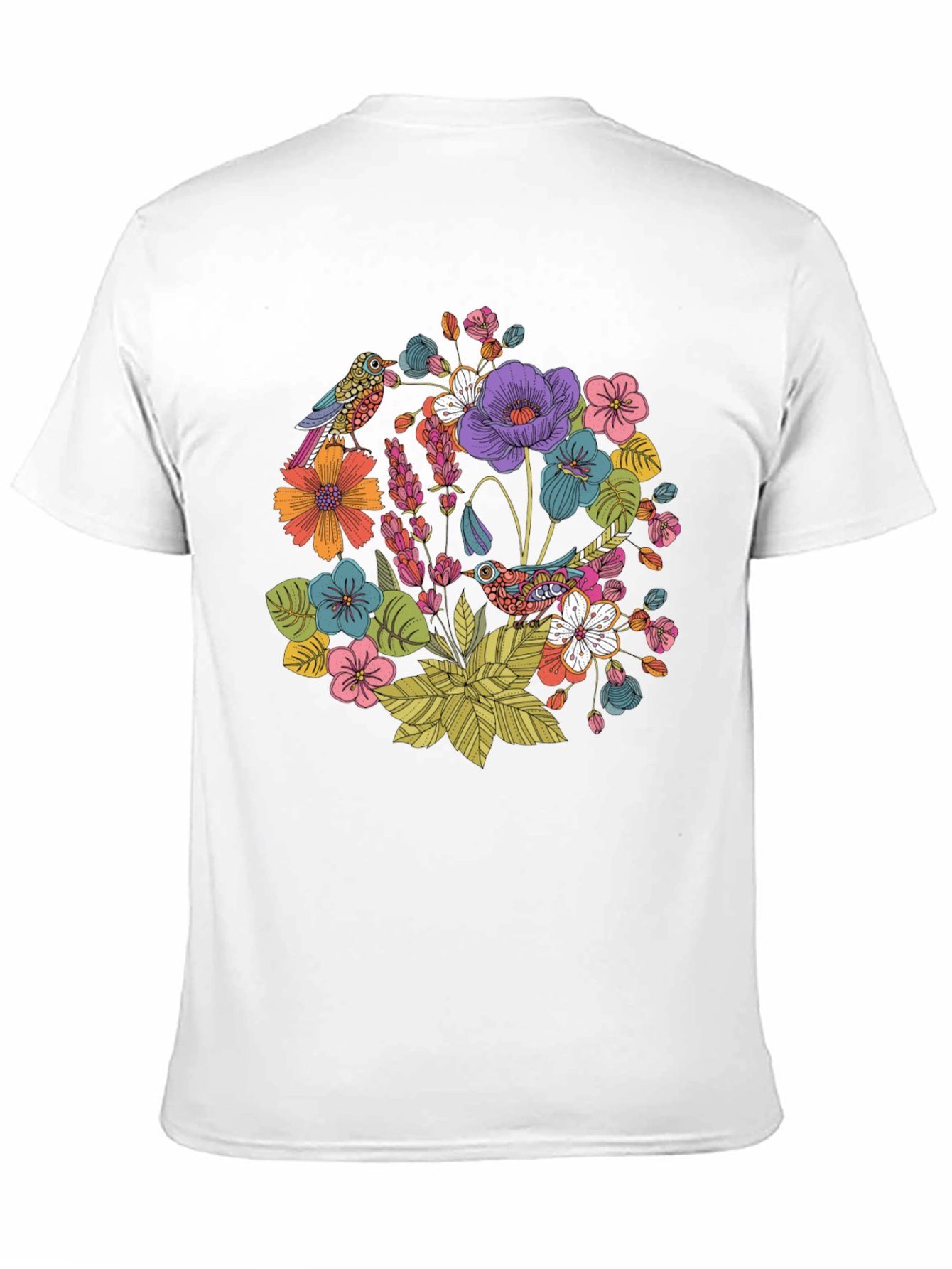 Floral Birds Black T-Shirt - Nature Inspired Design