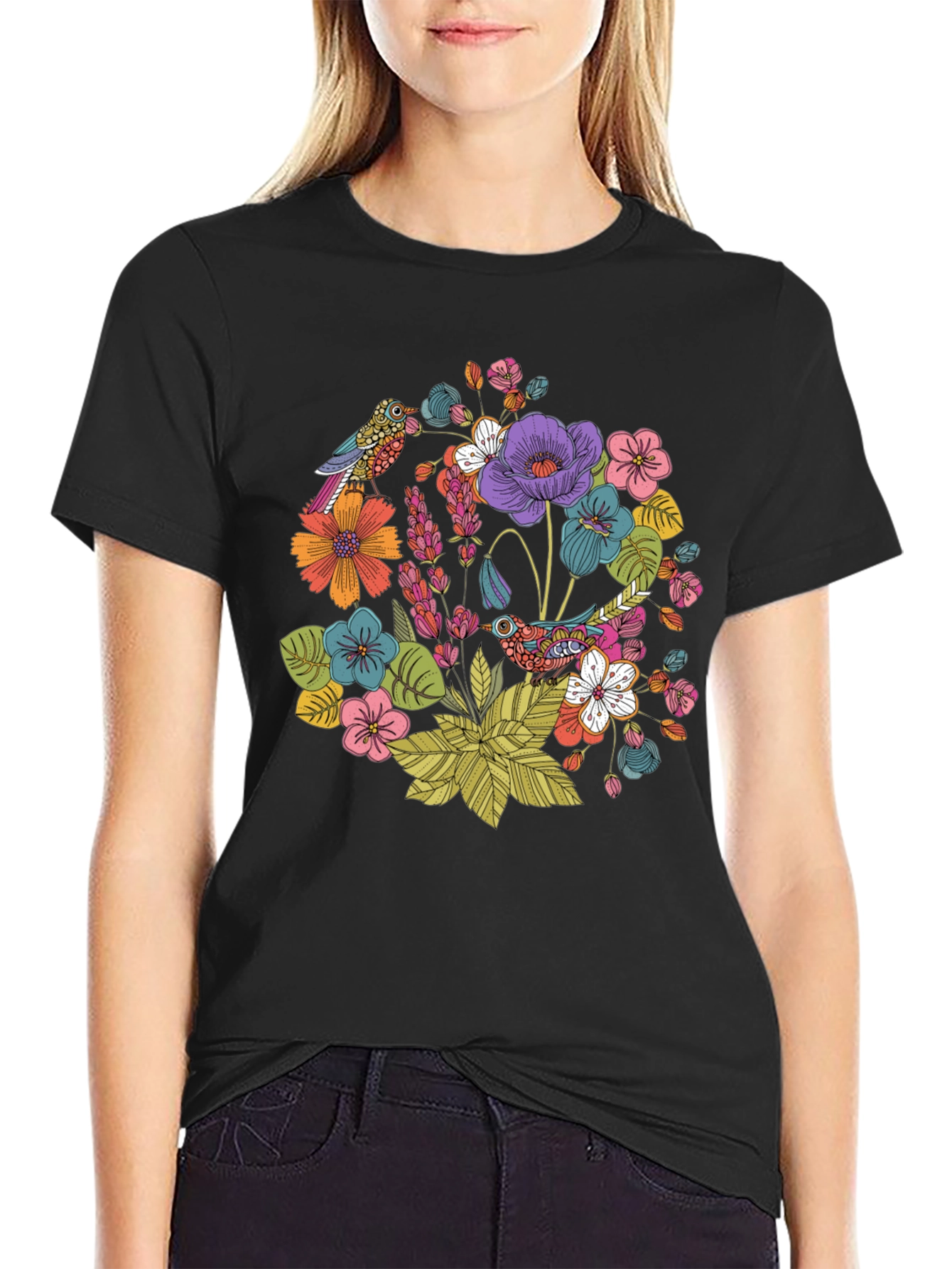 Floral Birds Black T-Shirt - Nature Inspired Design