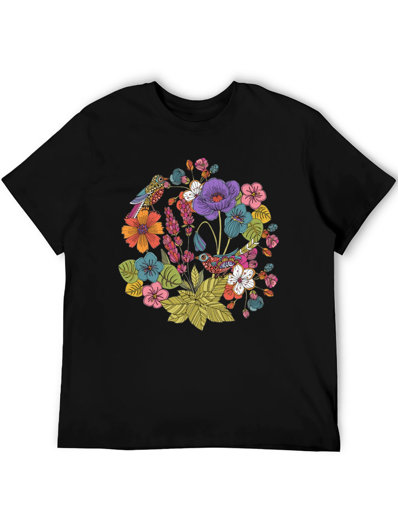 Floral Birds Black T-Shirt - Nature Inspired Design