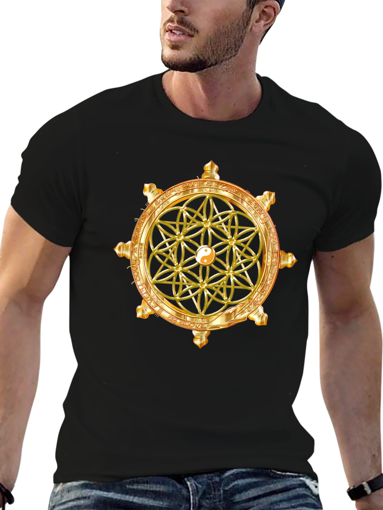 Golden Sacred Geometry Graphic T-Shirt - Black