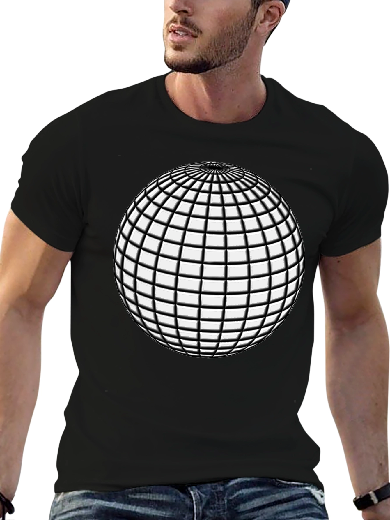 Geometric Grid Sphere Graphic Tee - Black