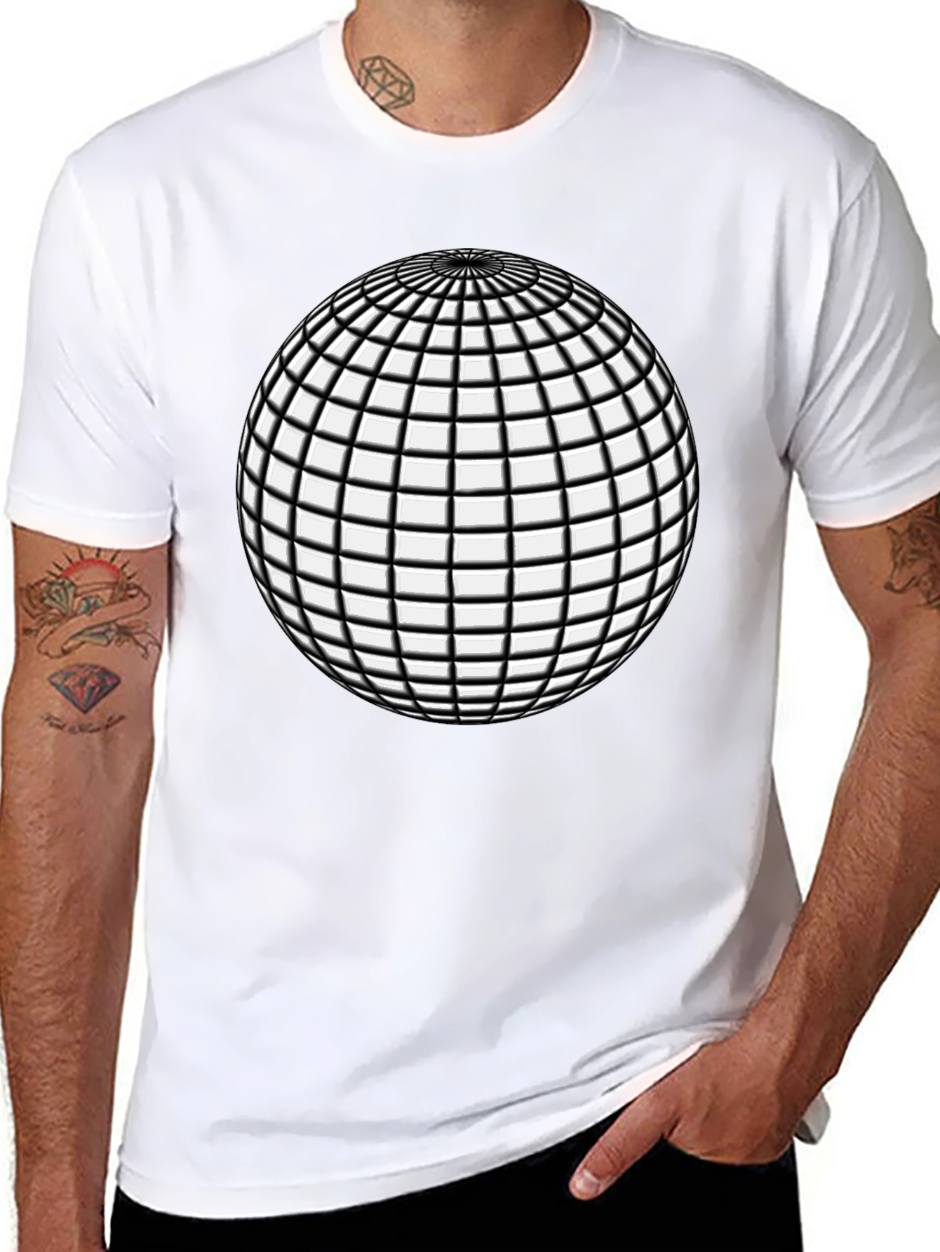Geometric Grid Sphere Graphic Tee - Black