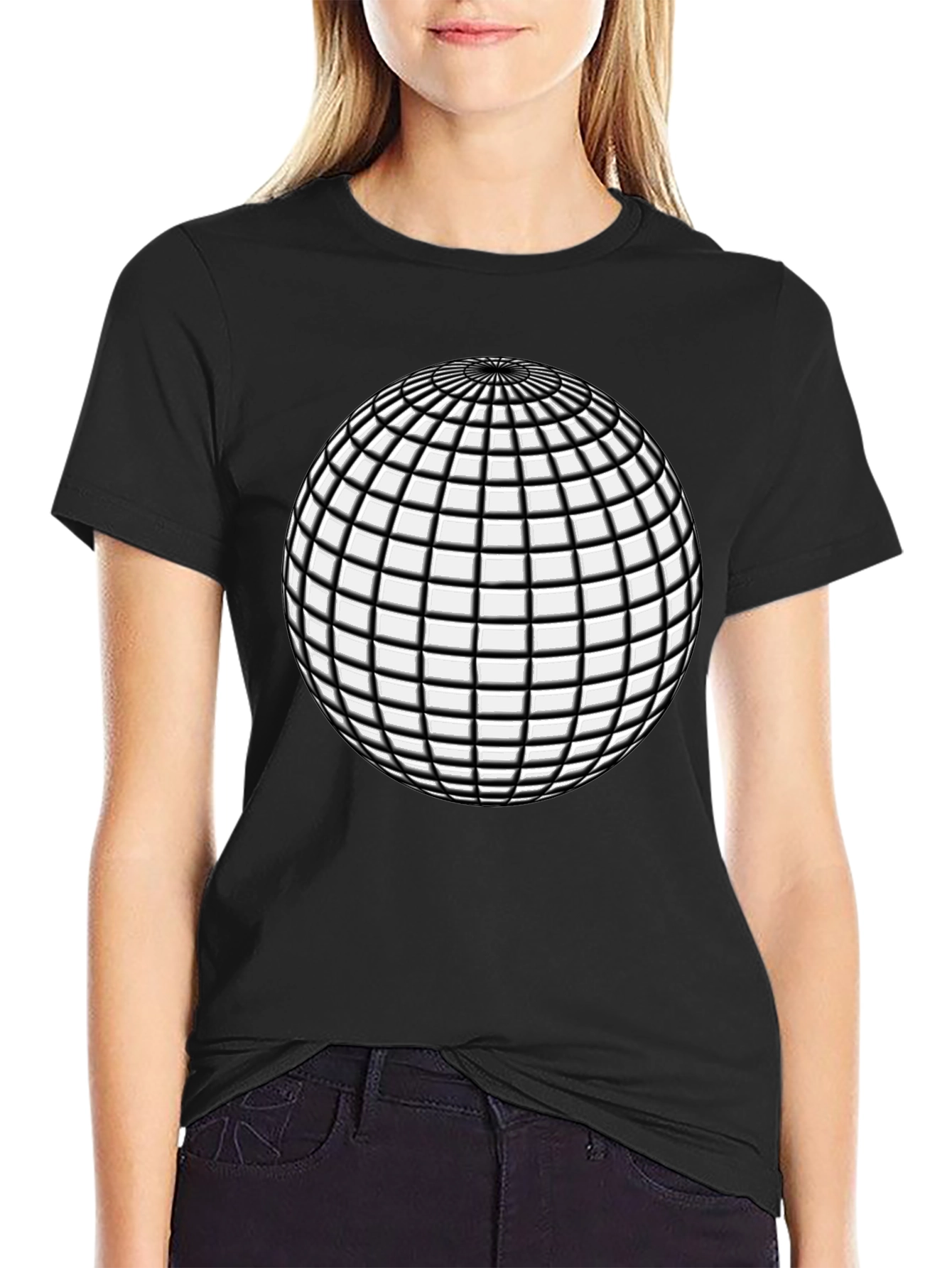 Geometric Grid Sphere Graphic Tee - Black