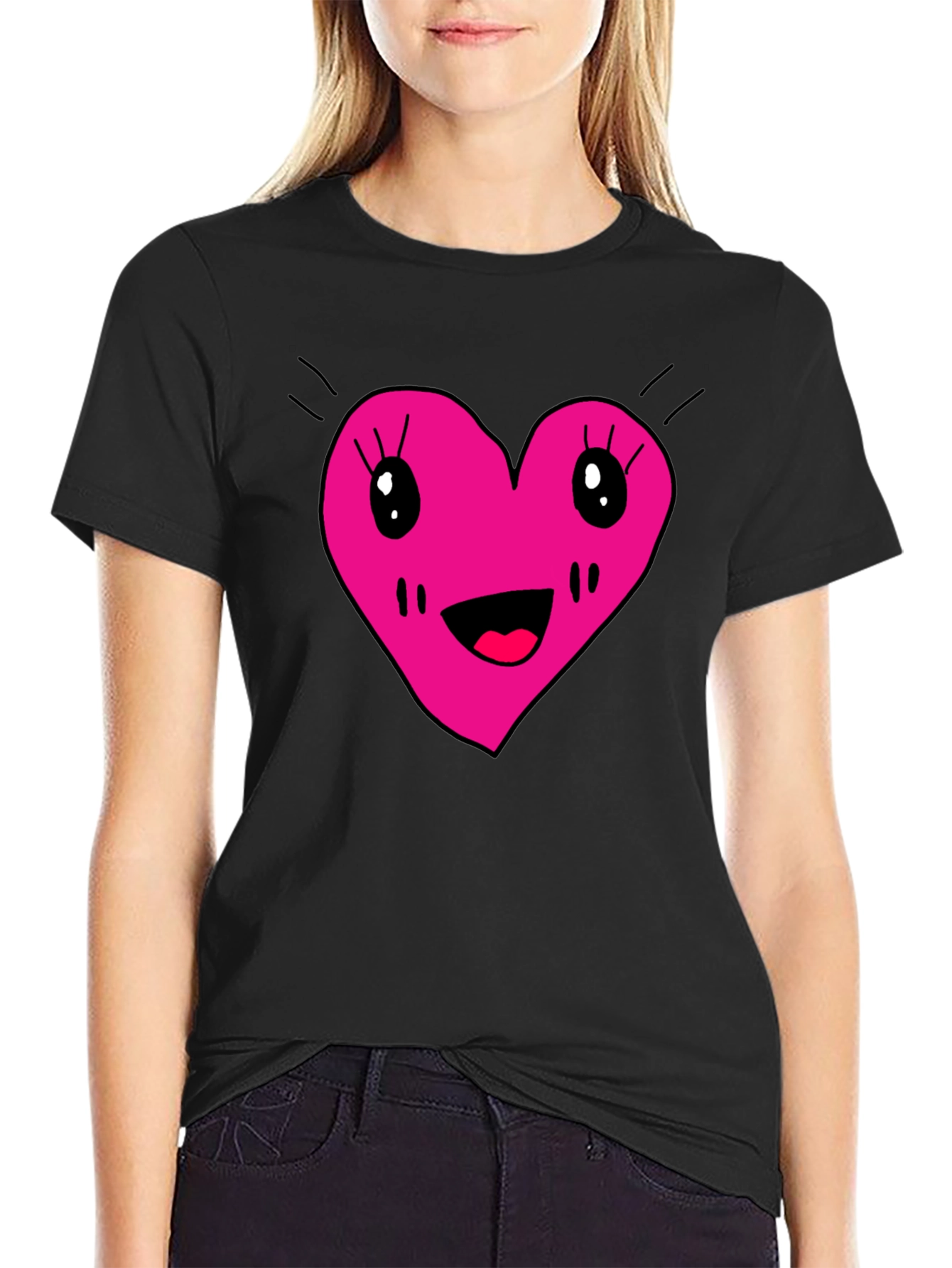 Cute Heart Face Graphic Tee - Black