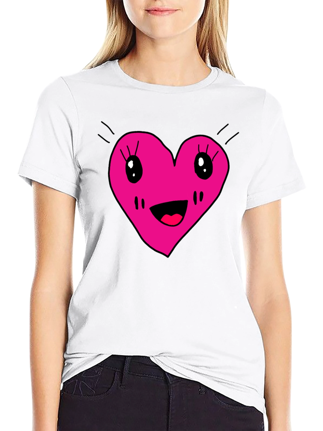 Cute Heart Face Graphic Tee - Black