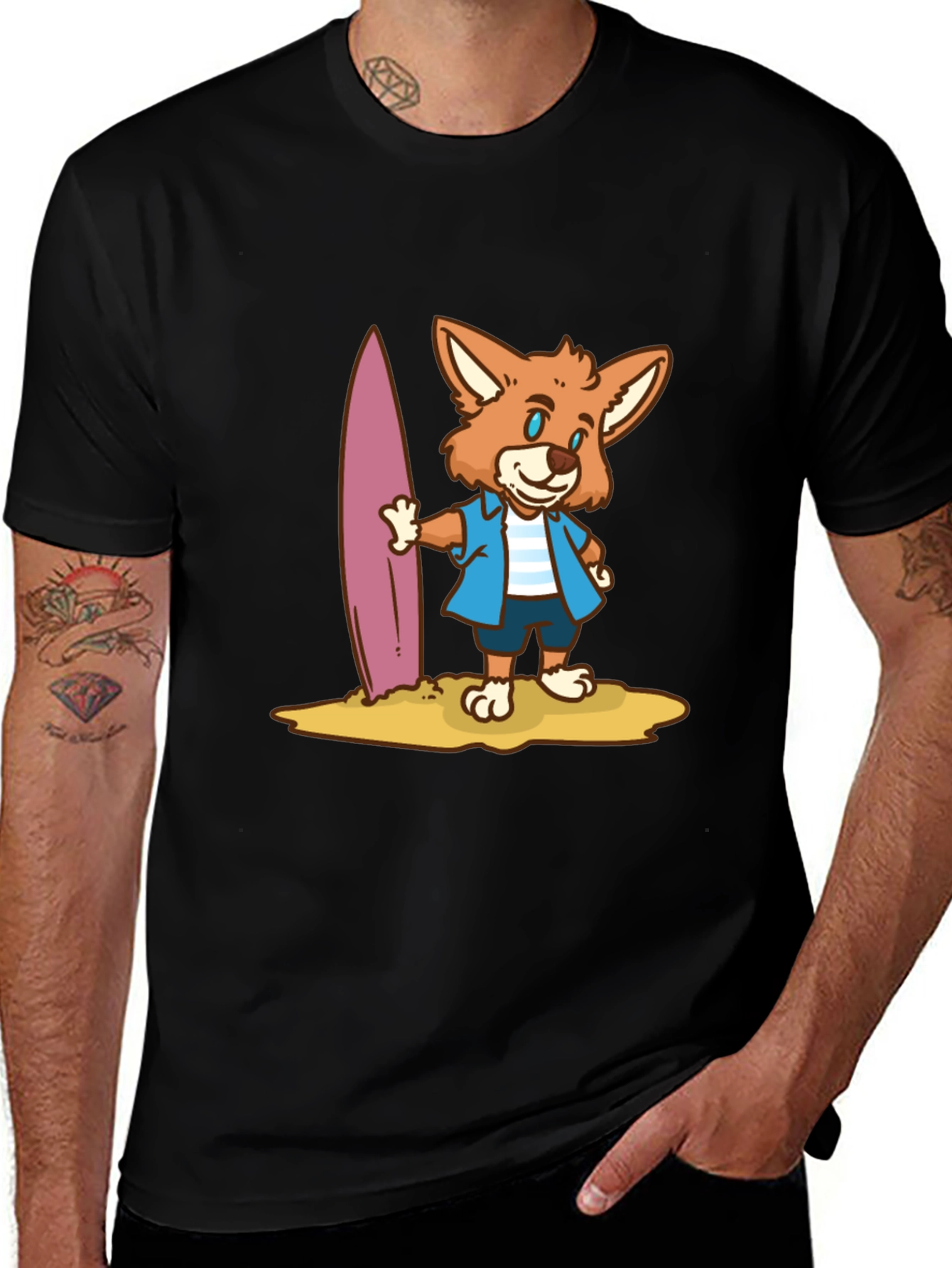 Surfer Fox Graphic T-Shirt - Black Cotton Tee