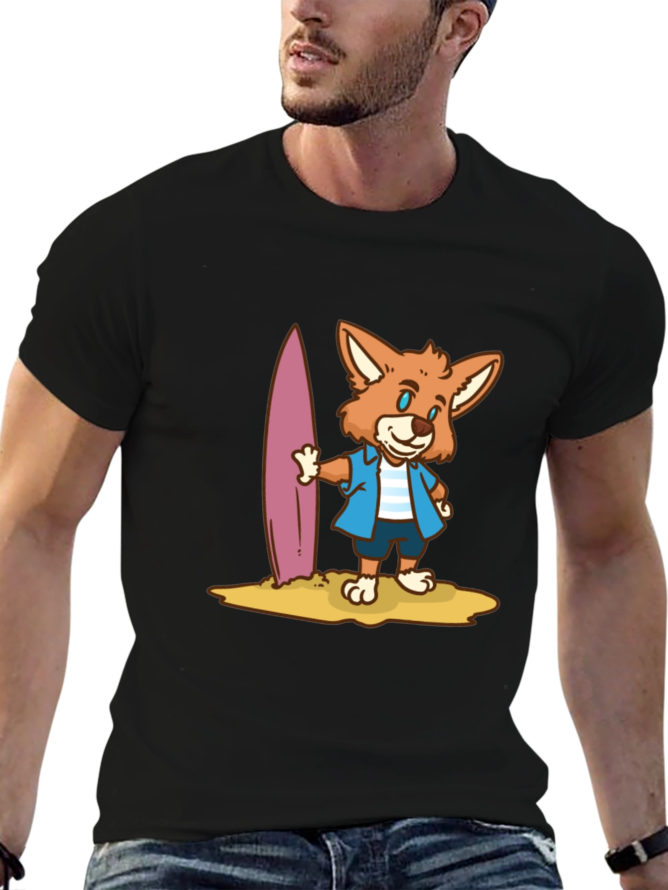 Surfer Fox Graphic T-Shirt - Black Cotton Tee