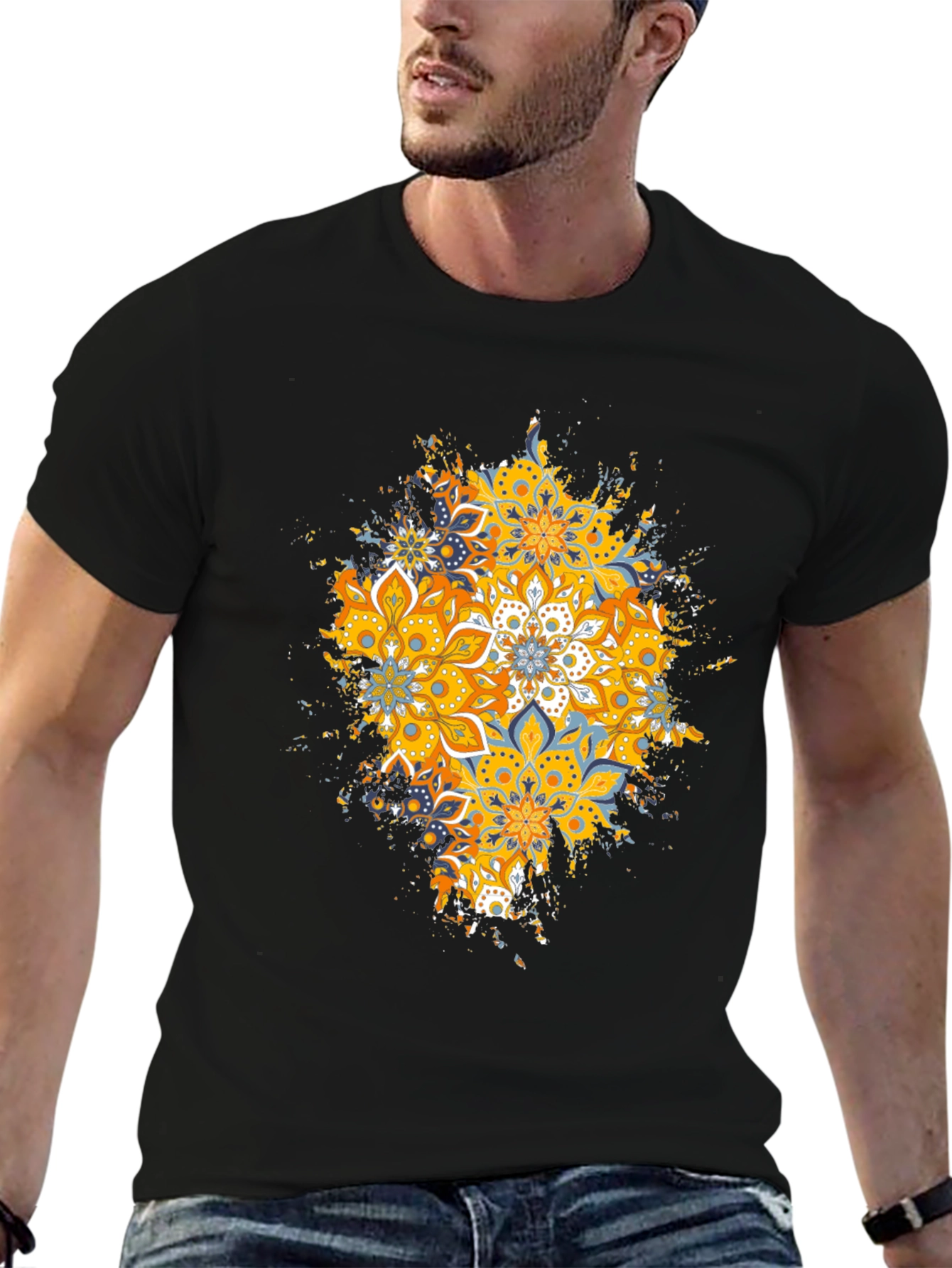 Mandala Splash Graphic Tee - Black Cotton T-Shirt