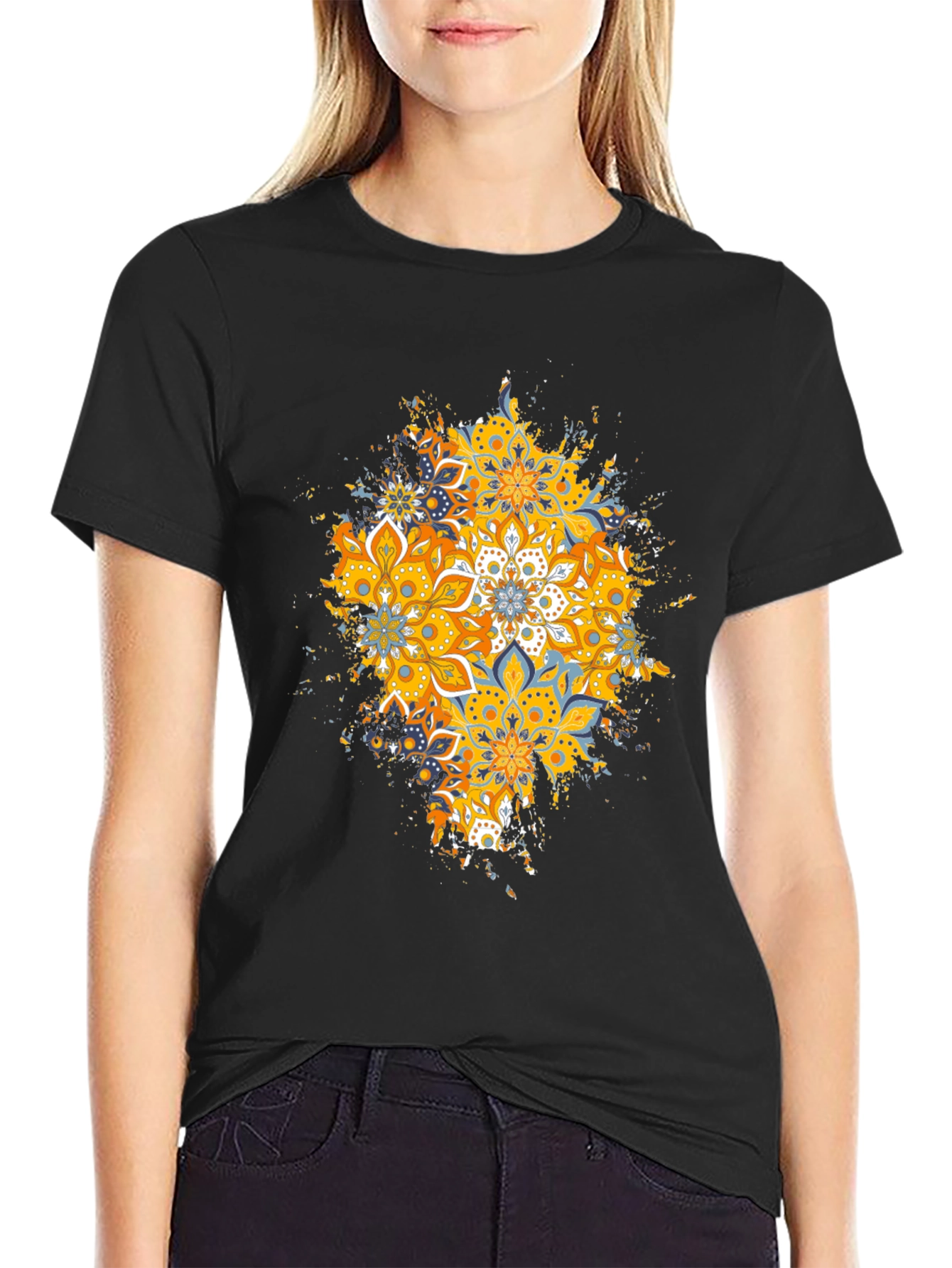 Mandala Splash Graphic Tee - Black Cotton T-Shirt