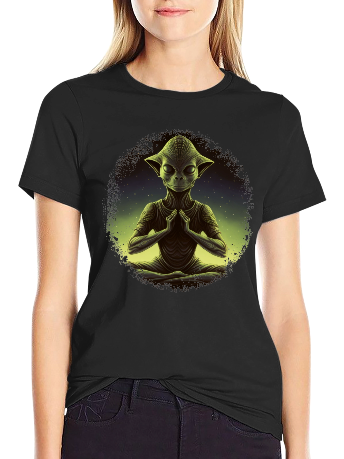 Meditating Alien T-Shirt - Cosmic Zen Design