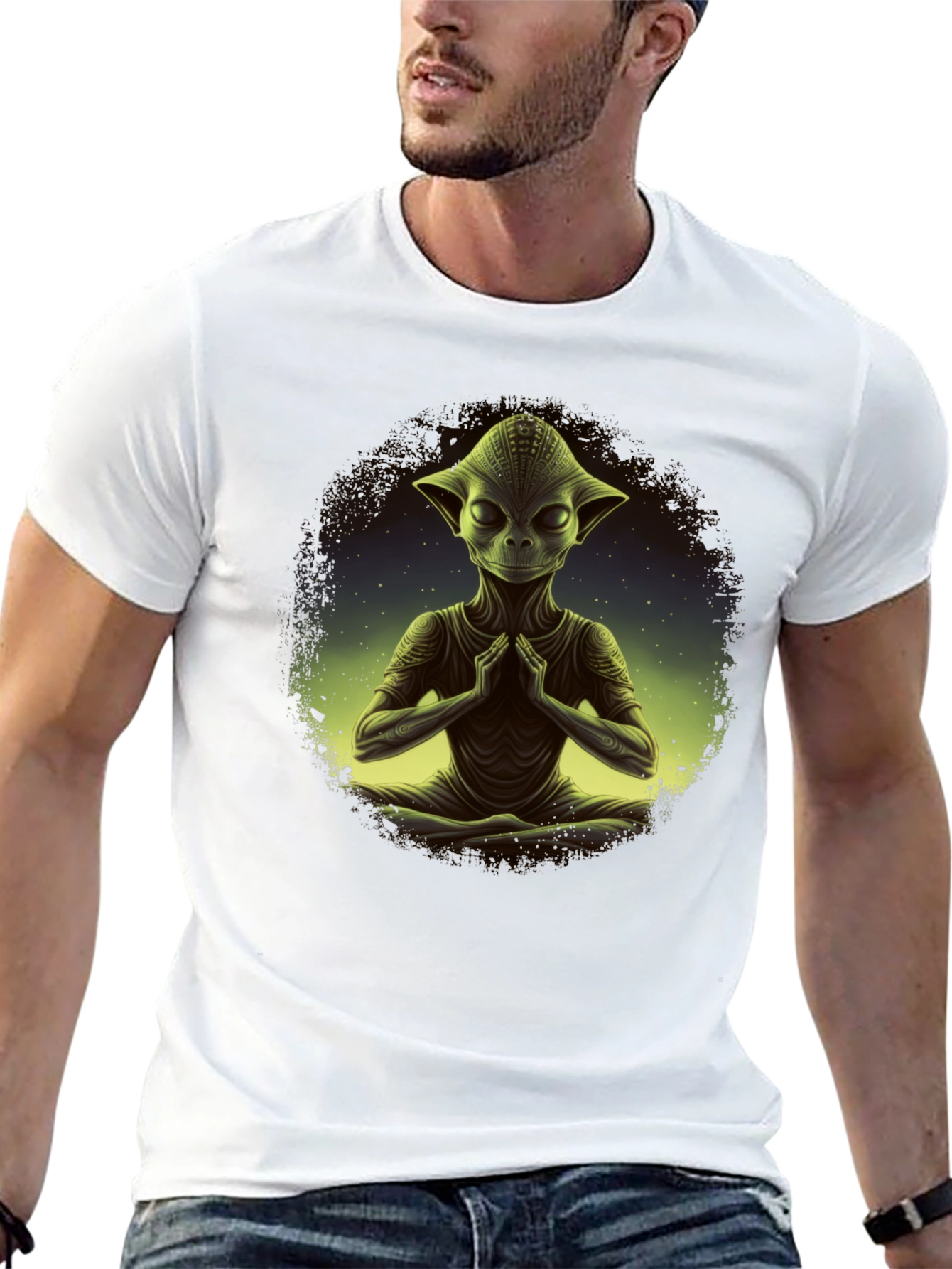 Meditating Alien T-Shirt - Cosmic Zen Design