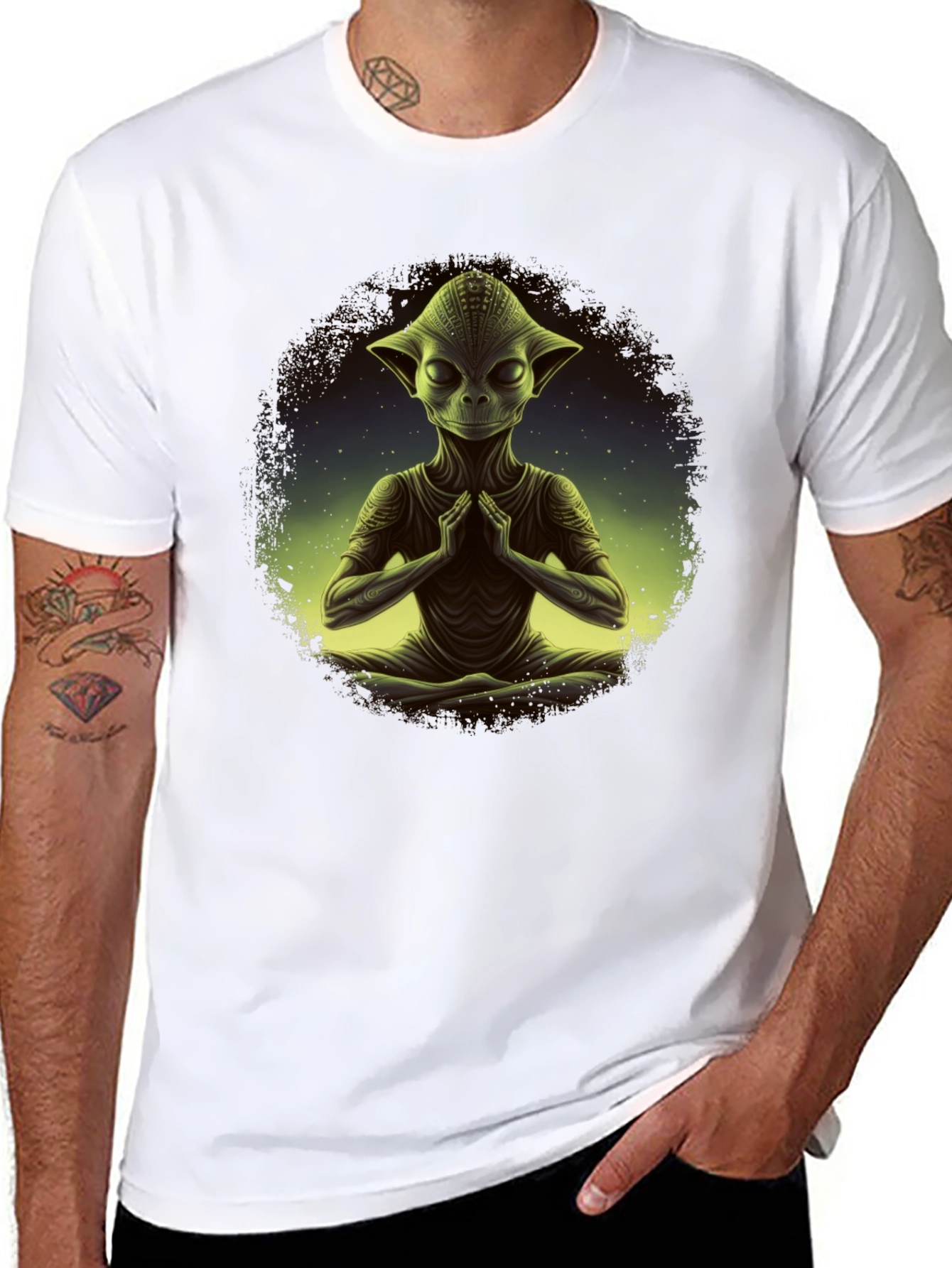 Meditating Alien T-Shirt - Cosmic Zen Design