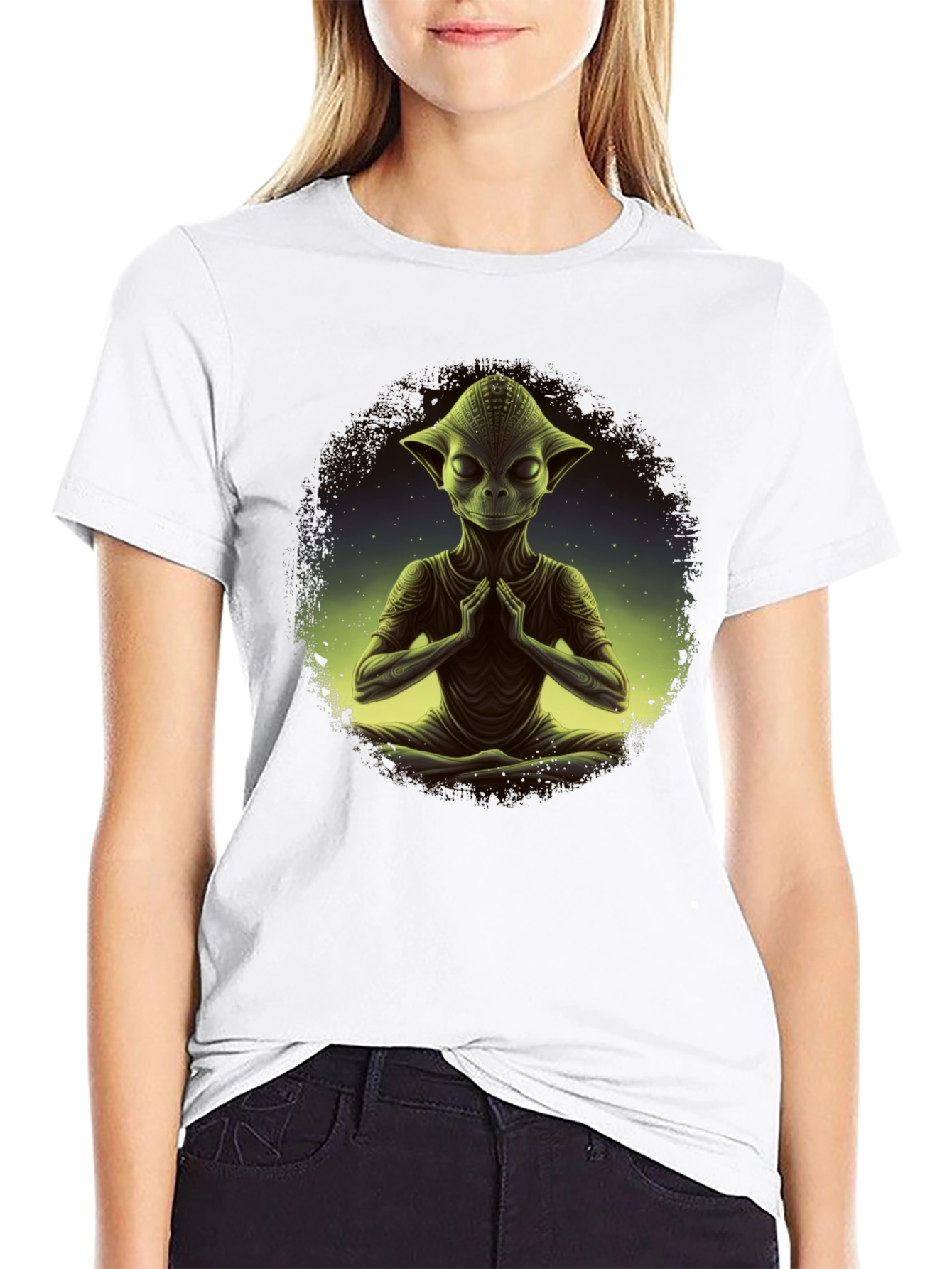 Meditating Alien T-Shirt - Cosmic Zen Design