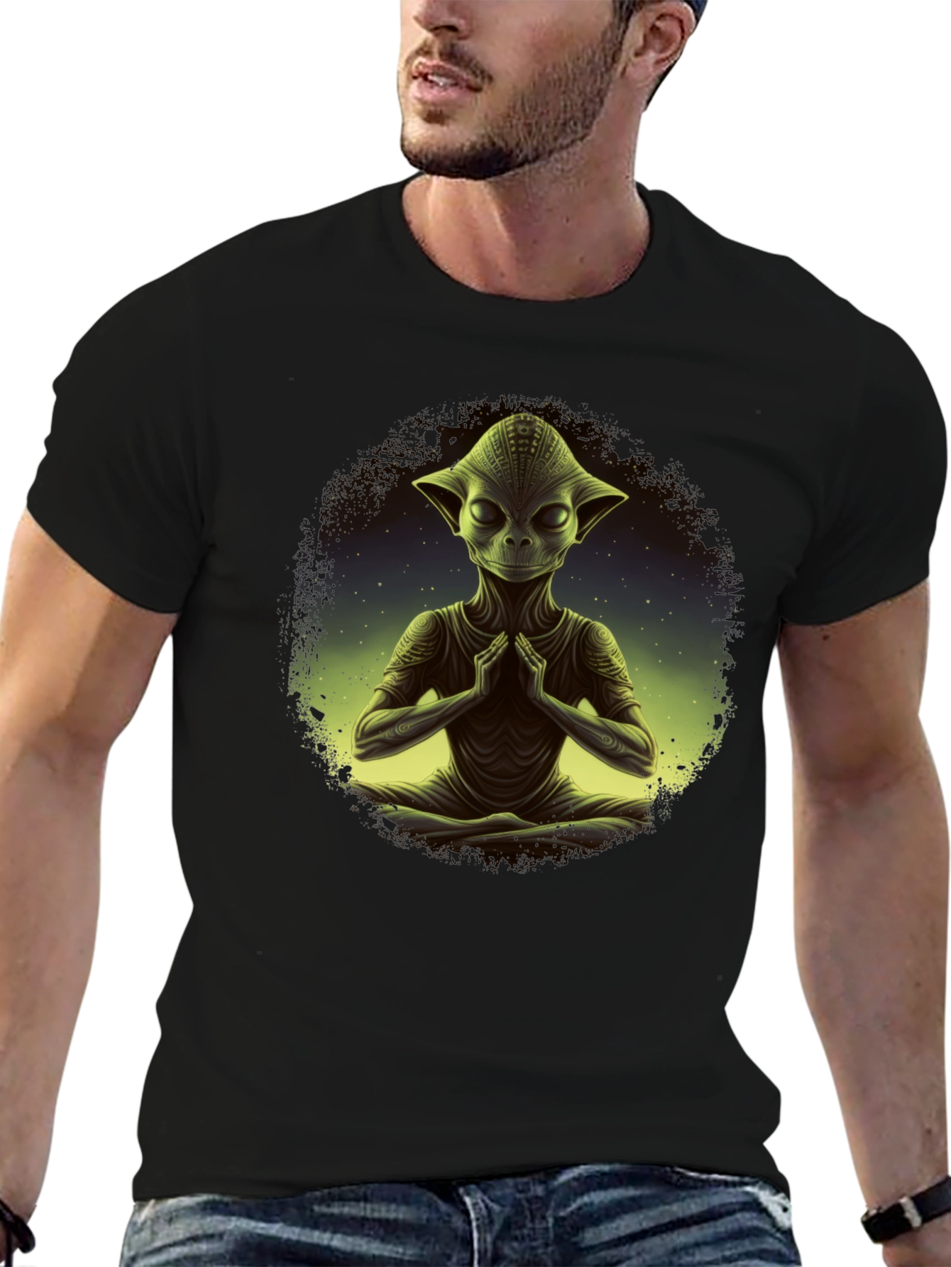 Meditating Alien T-Shirt - Cosmic Zen Design