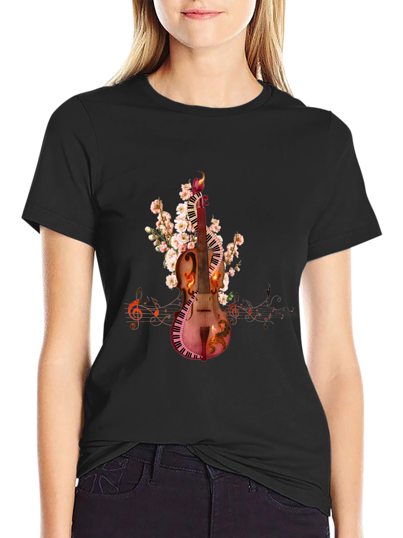 Musical Harmony T-Shirt: Violin & Keyboard Design