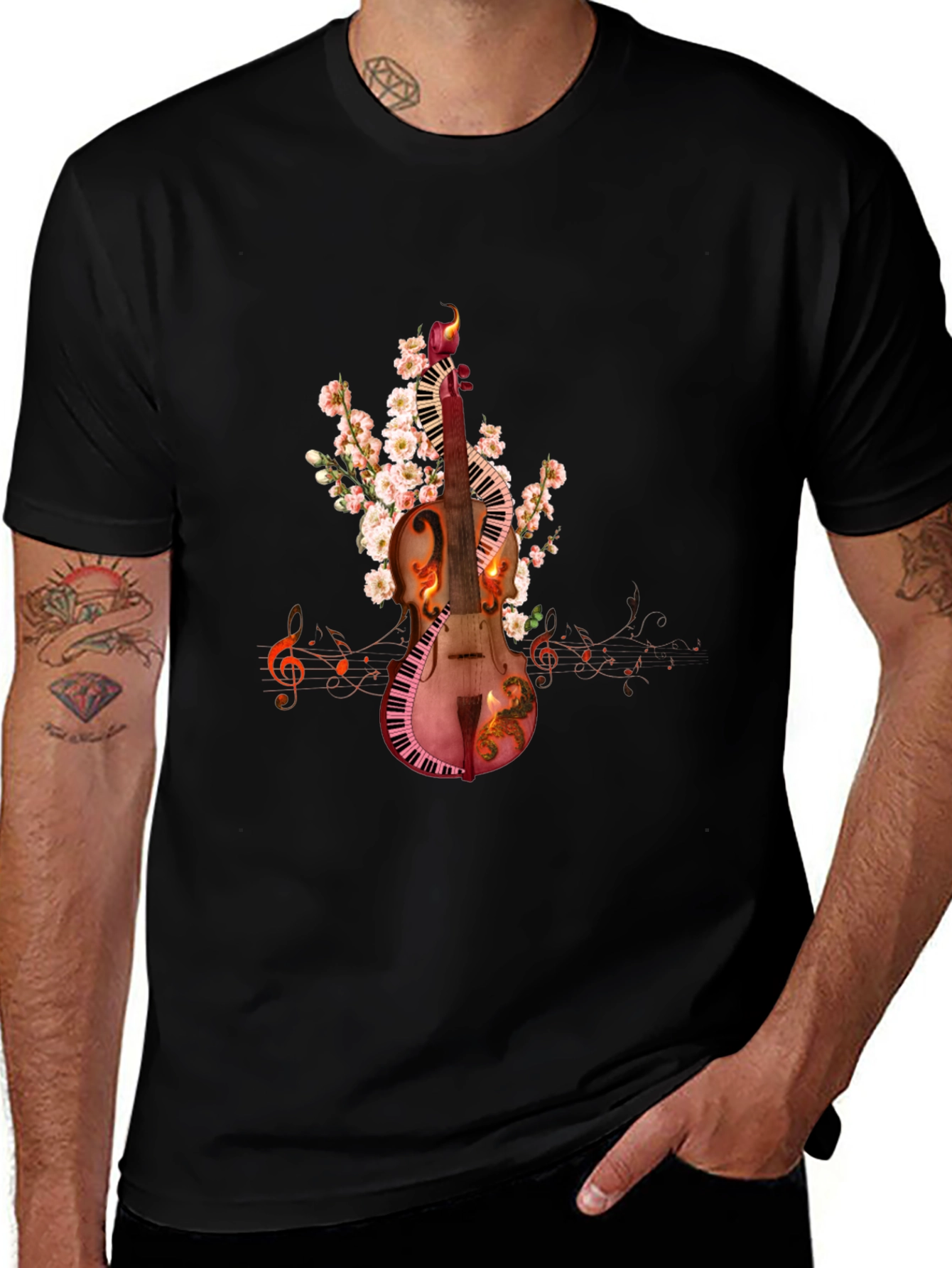 Musical Harmony T-Shirt: Violin & Keyboard Design