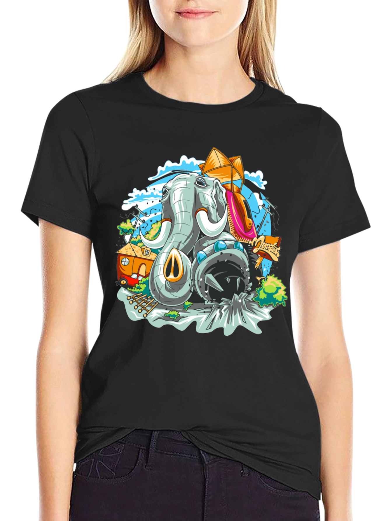 Elephant Cartoon Graphic Black T-Shirt